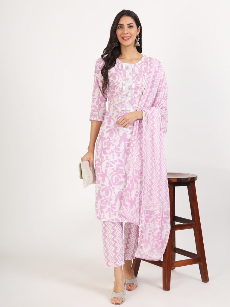 Women's Purple Floral Print Cotton Kurta pant with Dupatta set for women