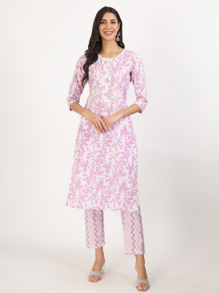 Women's Purple Floral Print Cotton Kurta pant with Dupatta set for women