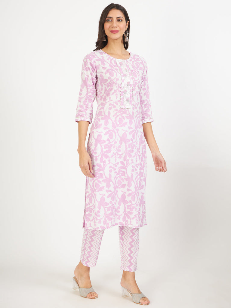 Women's Purple Floral Print Cotton Kurta pant with Dupatta set for women
