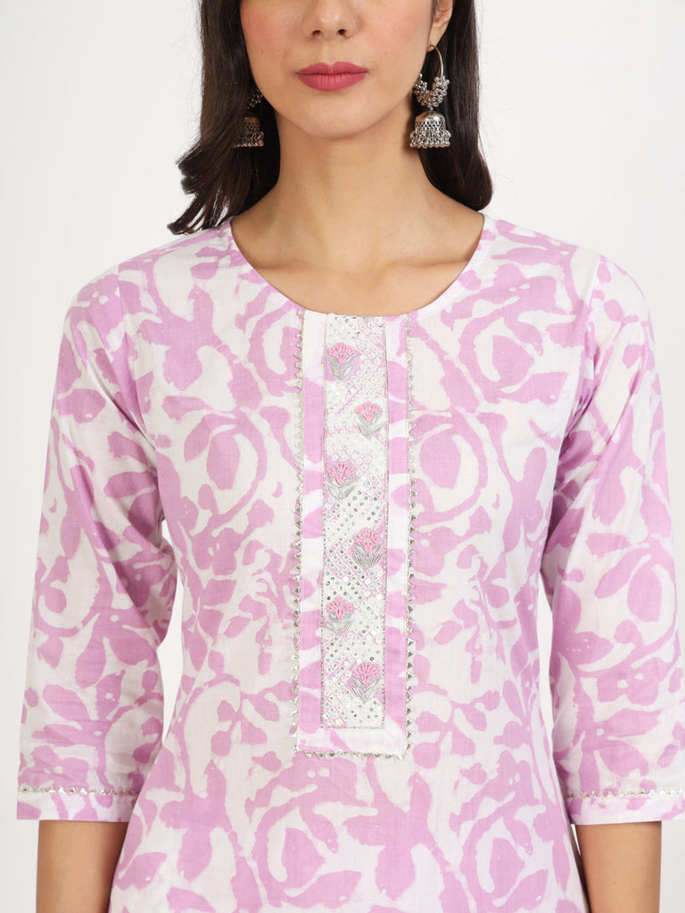 Women's Purple Floral Print Cotton Kurta pant with Dupatta set for women