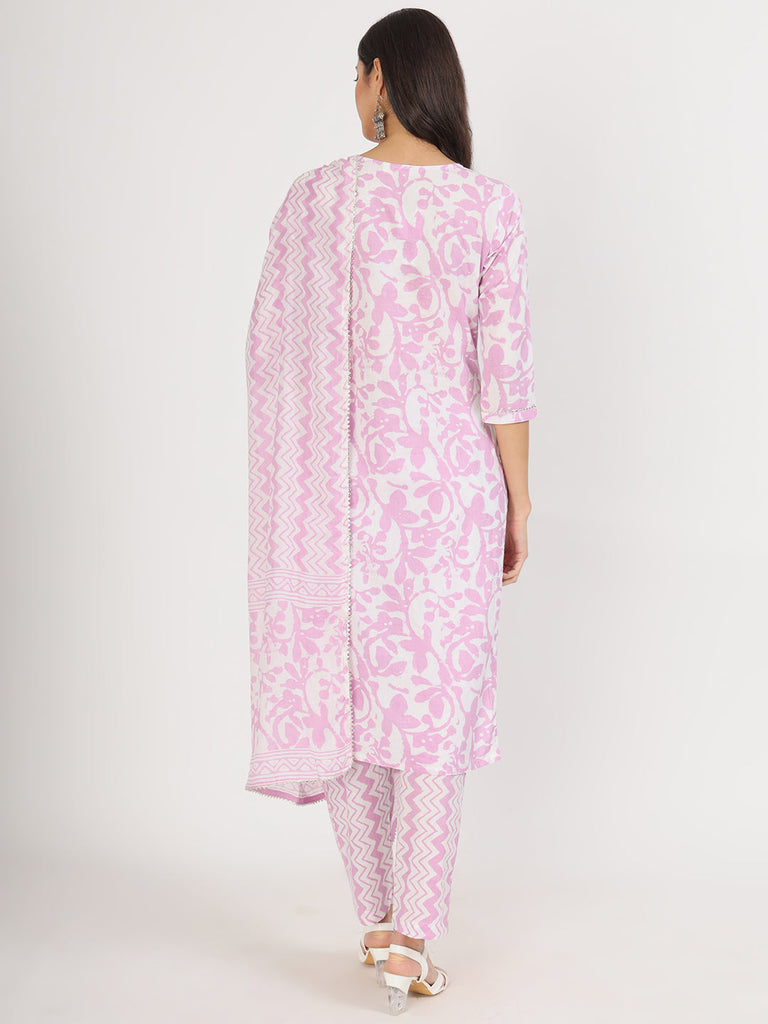 Women's Purple Floral Print Cotton Kurta pant with Dupatta set for women