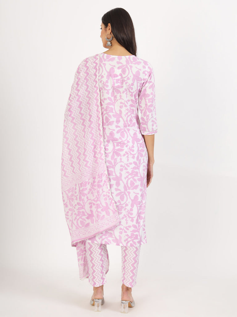 Women's Purple Floral Print Cotton Kurta pant with Dupatta set for women