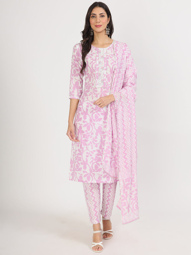 Women's Purple Floral Print Cotton Kurta pant with Dupatta set for women