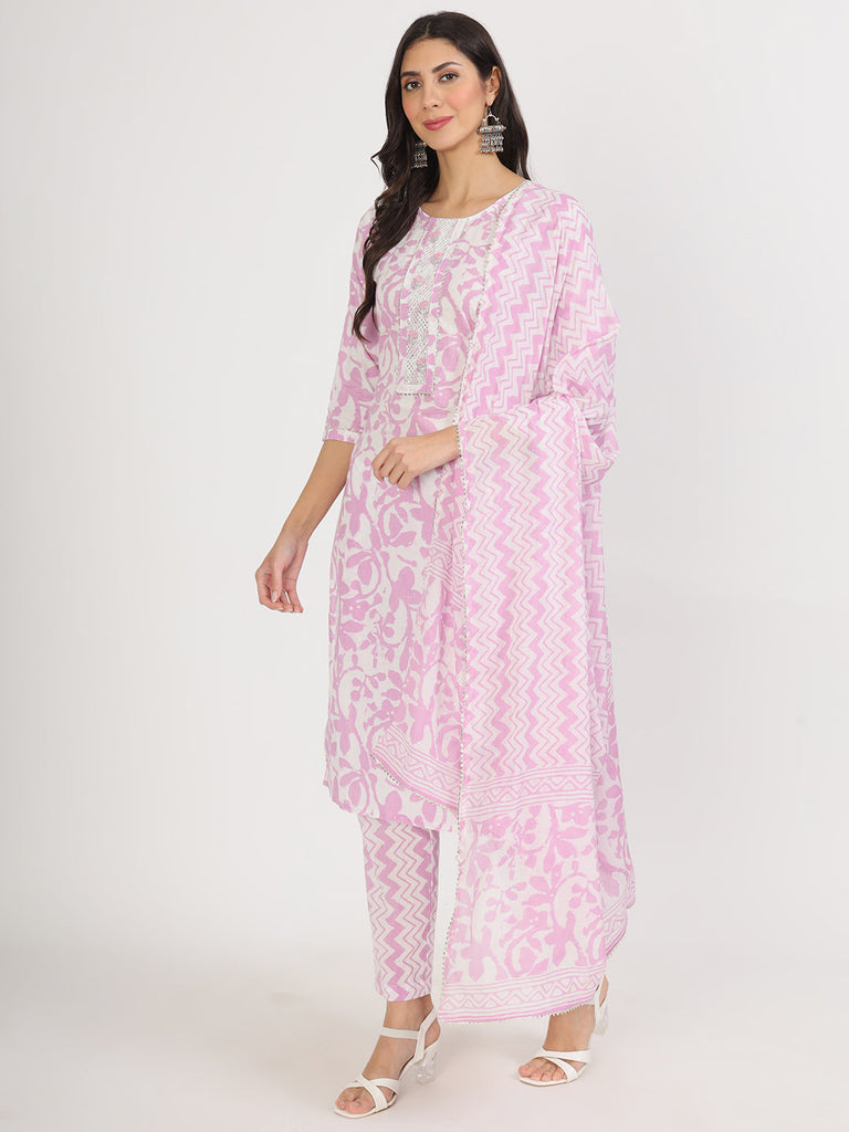 Women's Purple Floral Print Cotton Kurta pant with Dupatta set for women