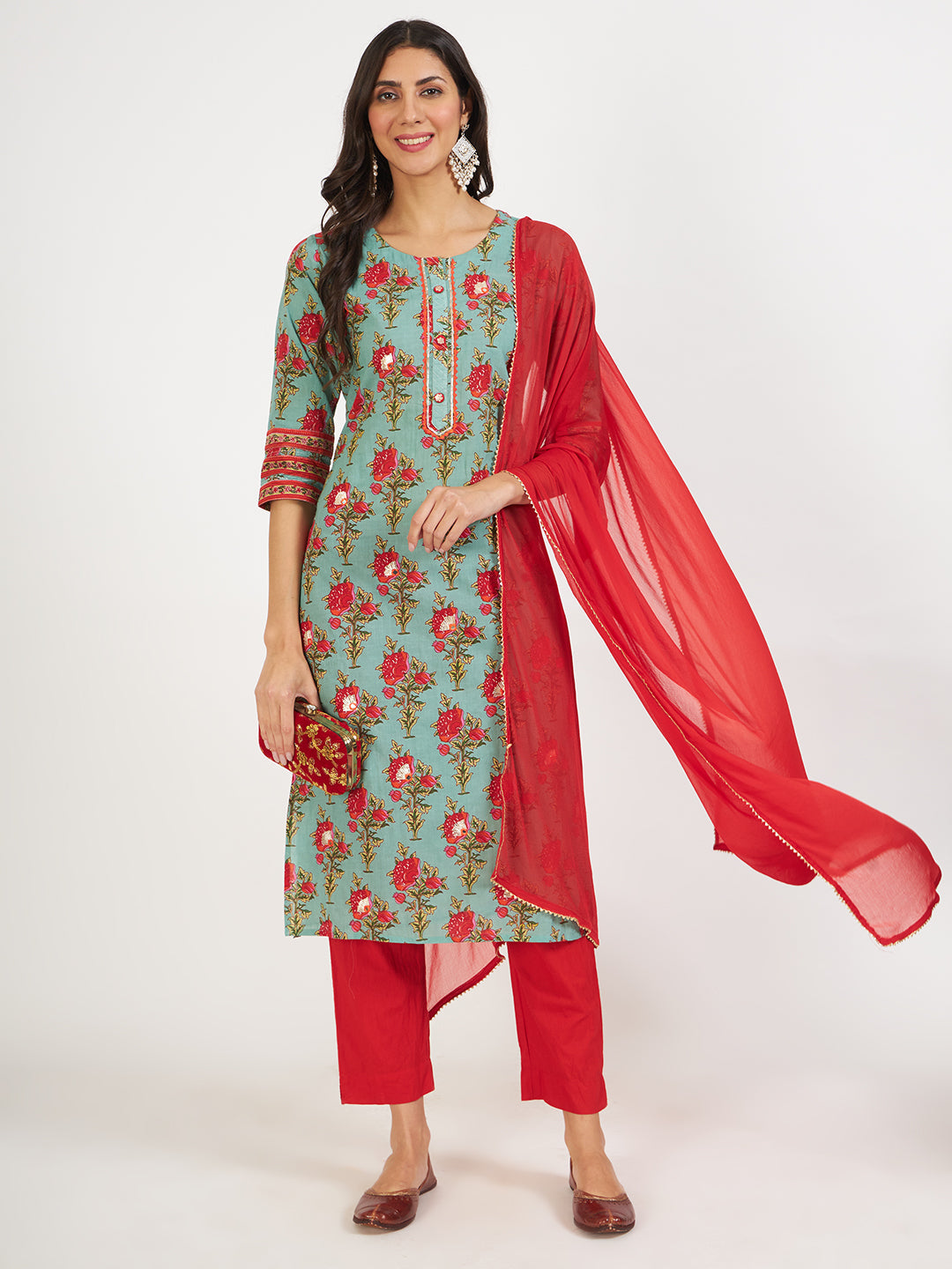 Women's Green Floral Print Cotton Kurta pant with Dupatta set for women - Taantav