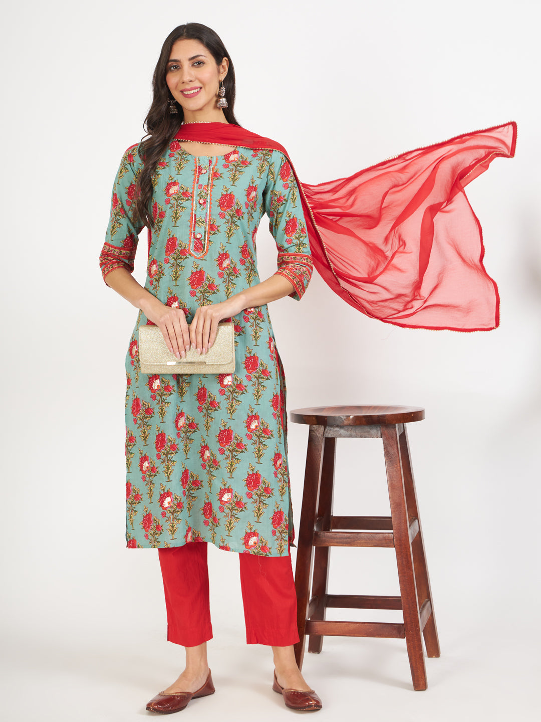 Women's Green Floral Print Cotton Kurta pant with Dupatta set for women - Taantav