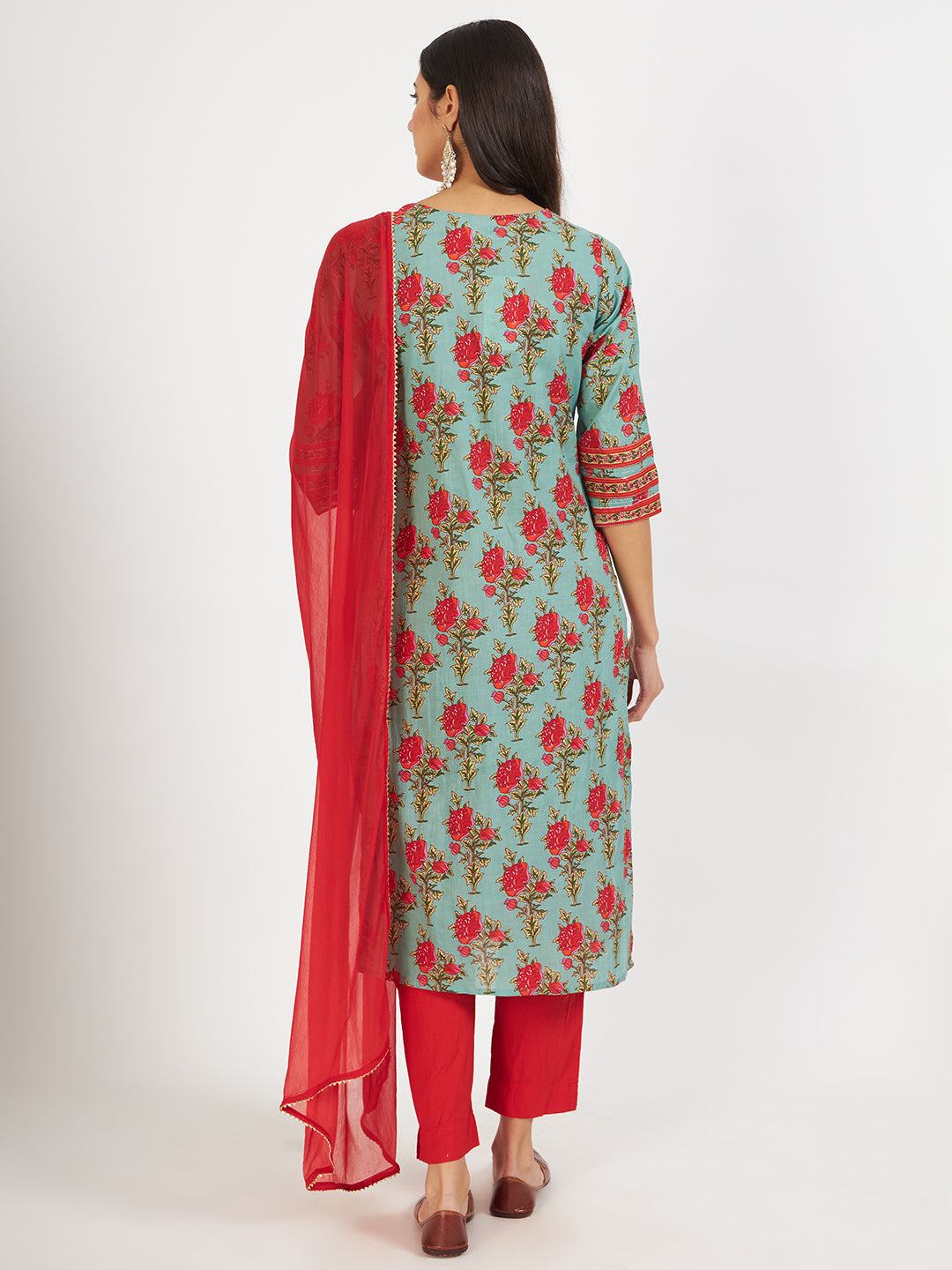 Women's Green Floral Print Cotton Kurta pant with Dupatta set for women - Taantav