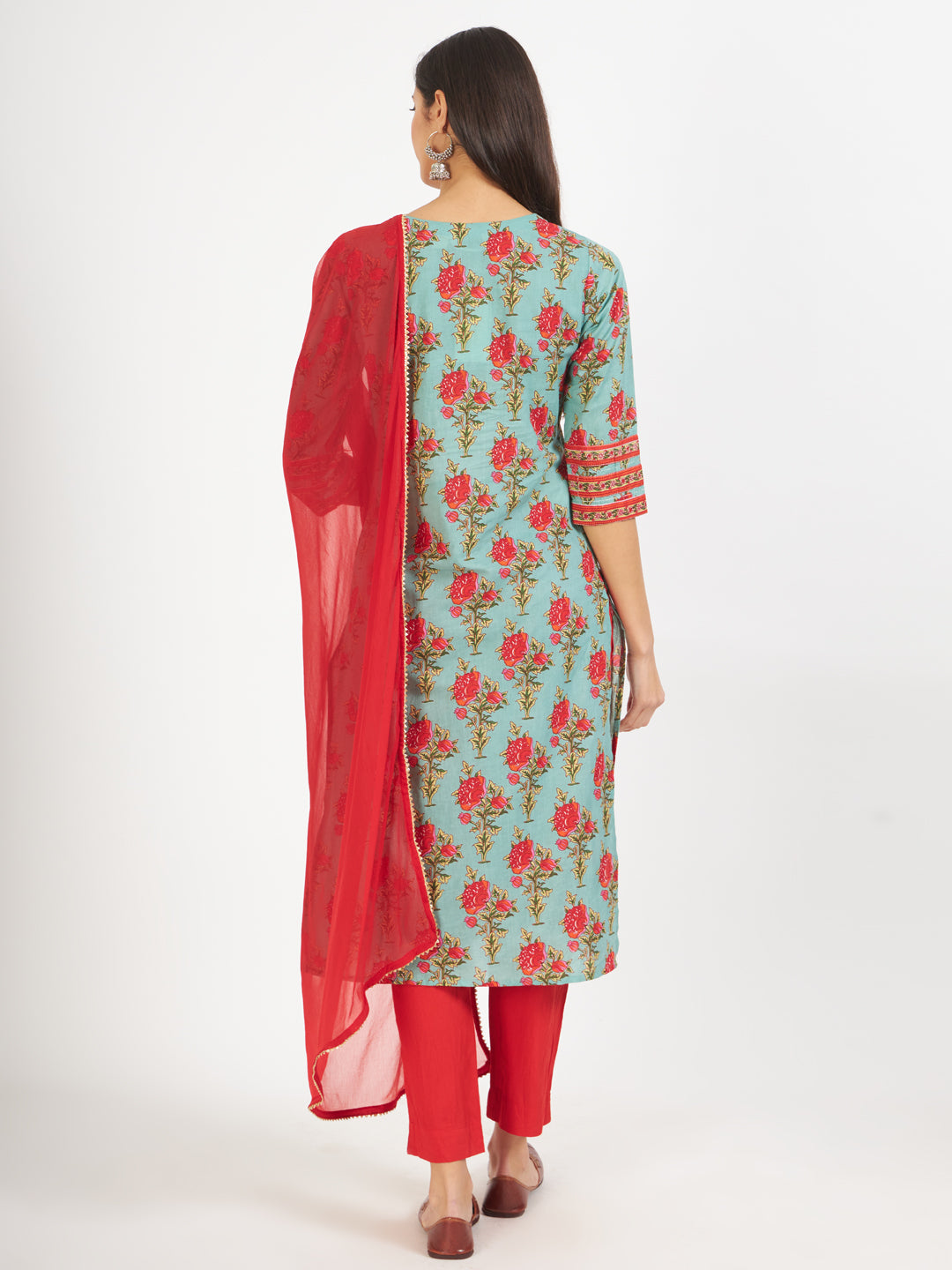 Women's Green Floral Print Cotton Kurta pant with Dupatta set for women - Taantav