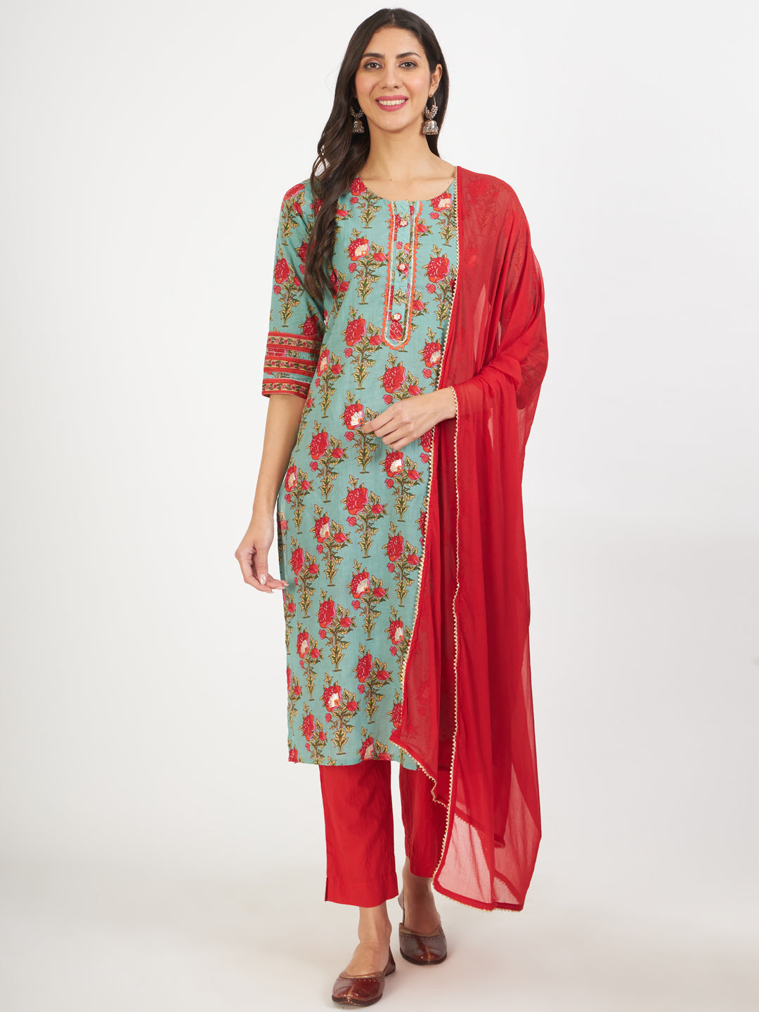 Women's Green Floral Print Cotton Kurta pant with Dupatta set for women - Taantav