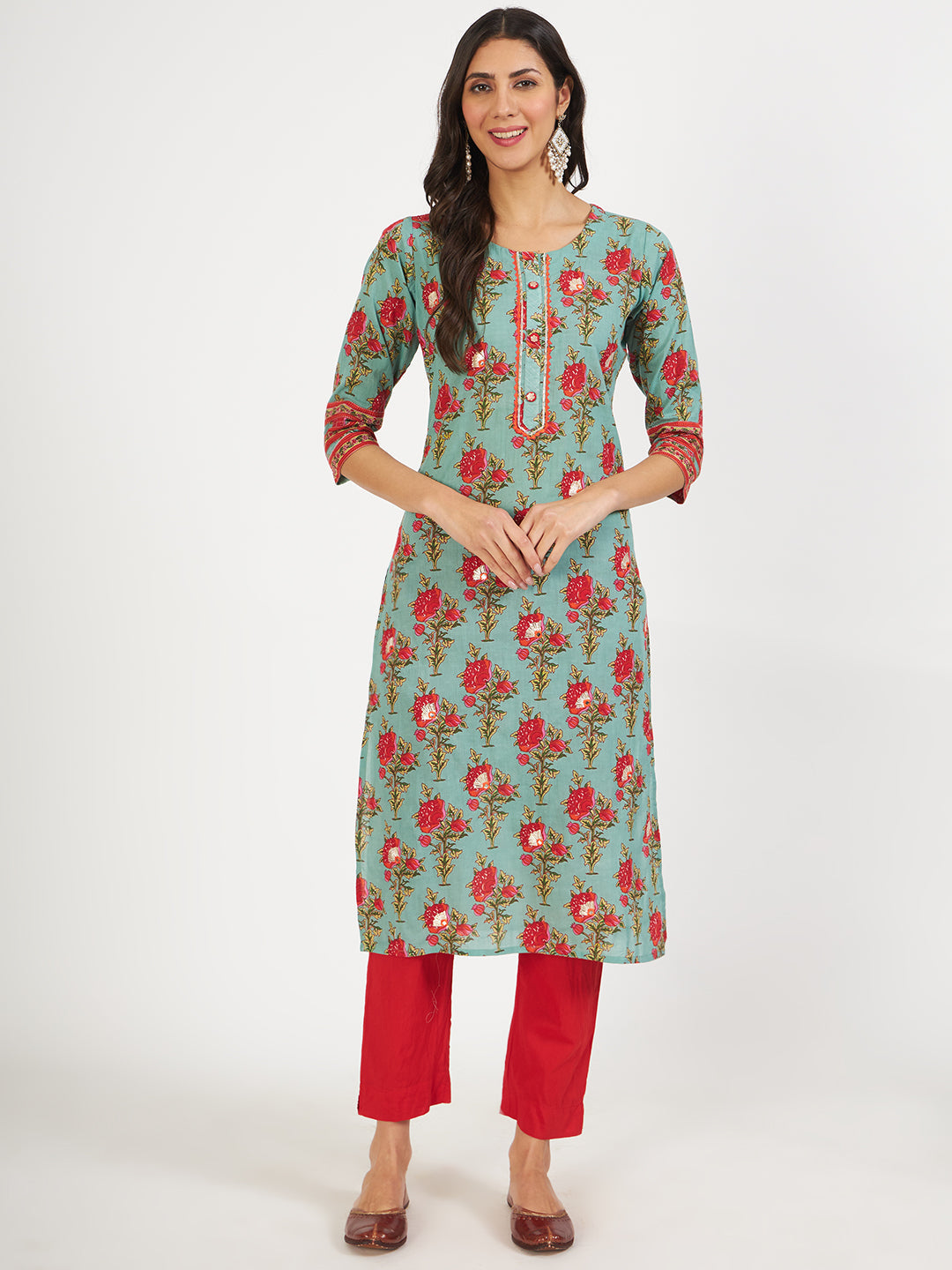 Women's Green Floral Print Cotton Kurta pant with Dupatta set for women - Taantav