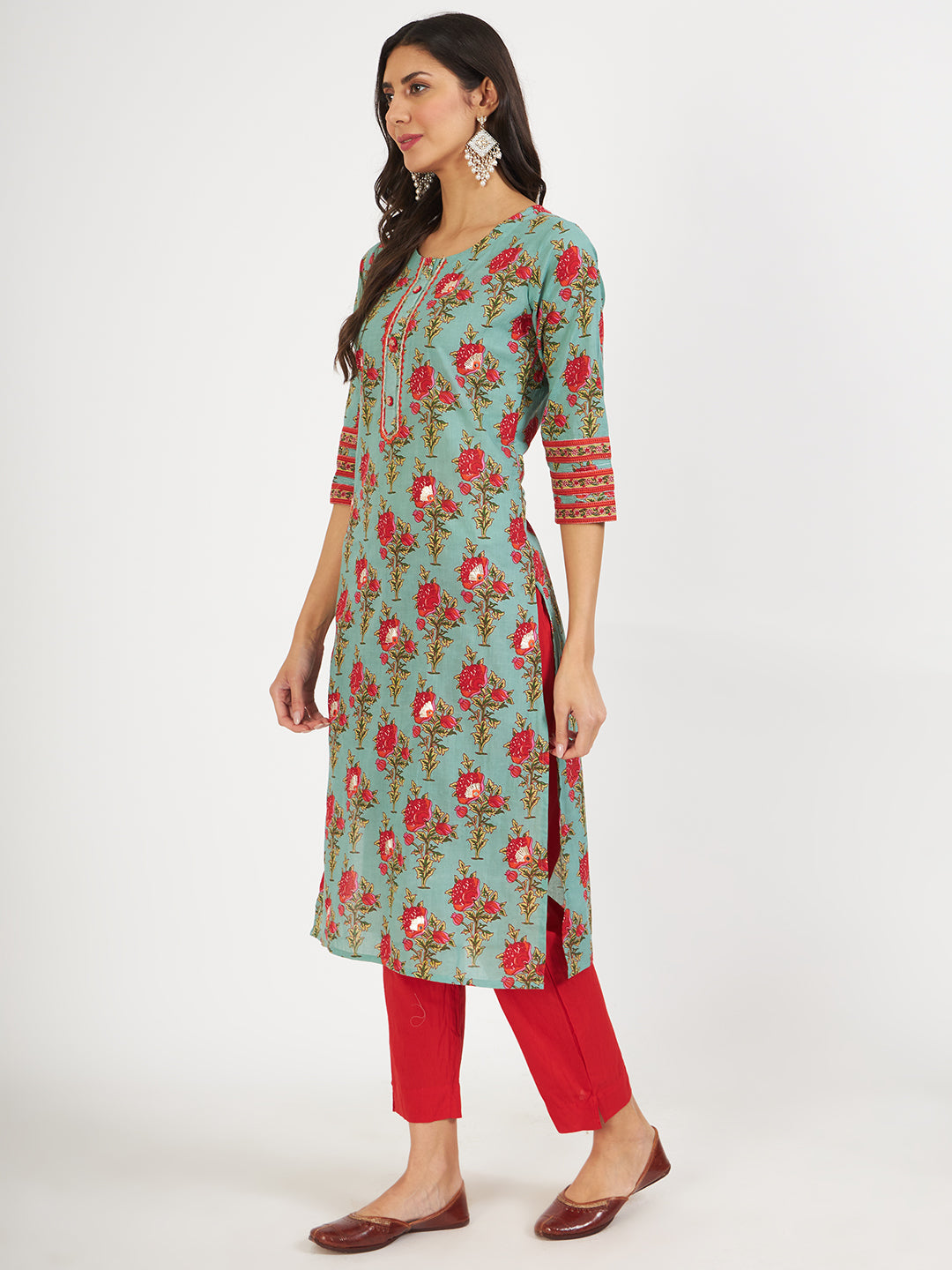 Women's Green Floral Print Cotton Kurta pant with Dupatta set for women - Taantav