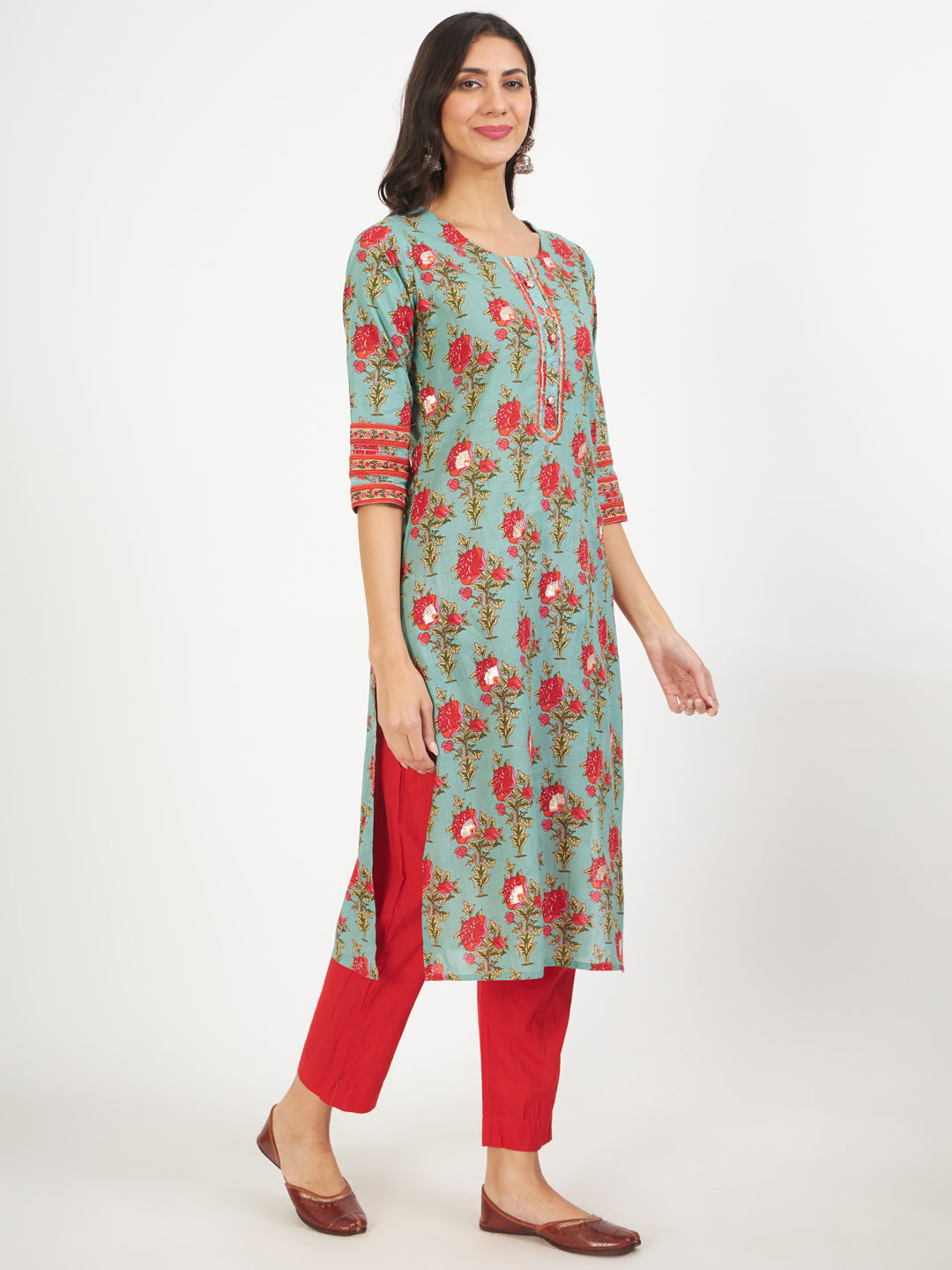 Women's Green Floral Print Cotton Kurta pant with Dupatta set for women - Taantav