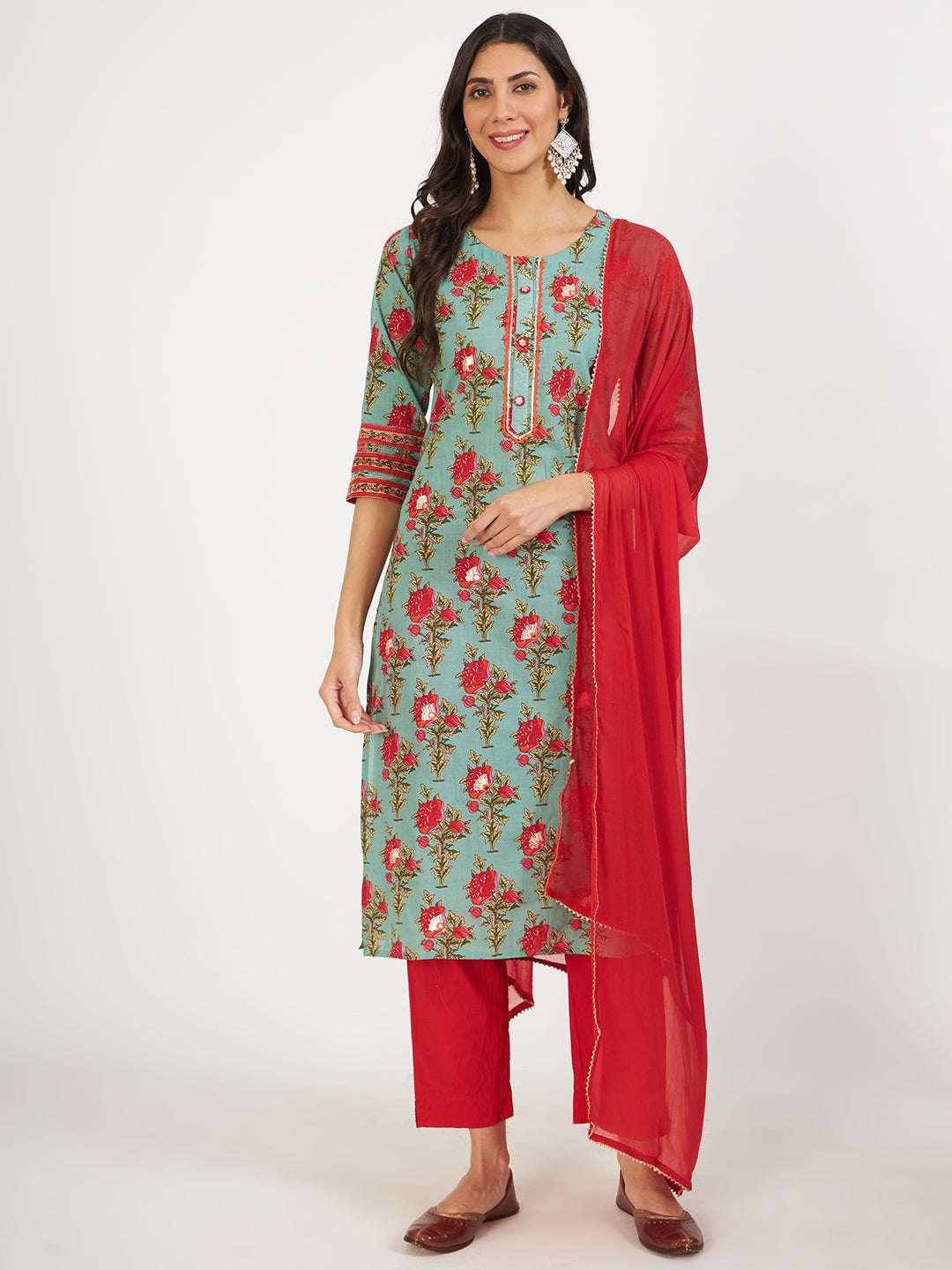 Women's Green Floral Print Cotton Kurta pant with Dupatta set for women - Taantav