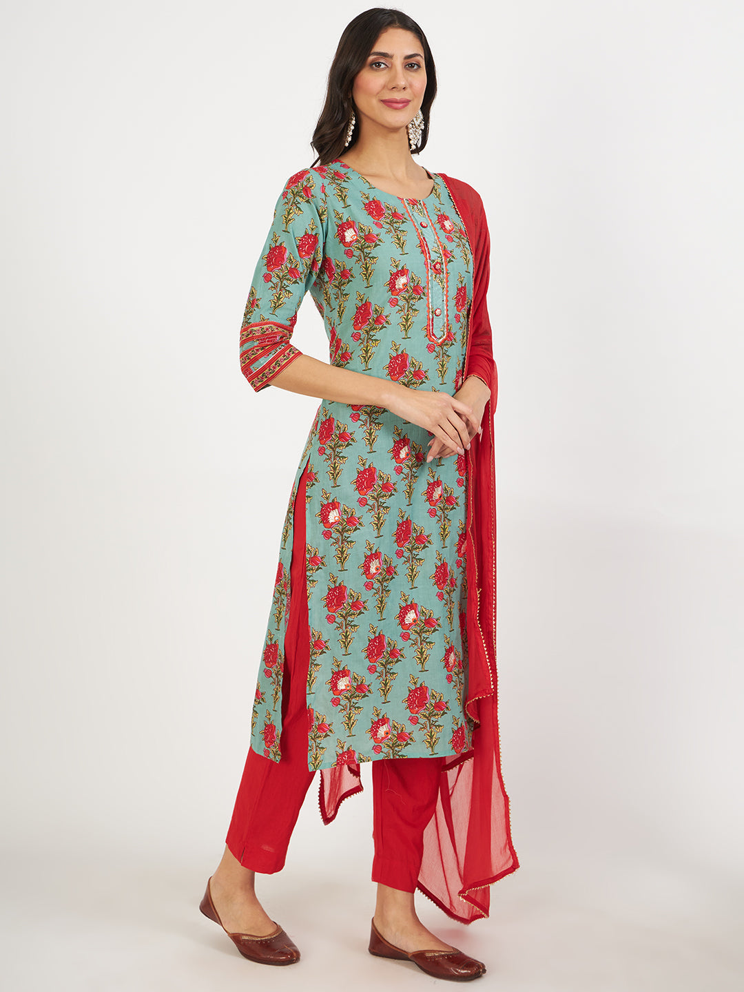 Women's Green Floral Print Cotton Kurta pant with Dupatta set for women - Taantav