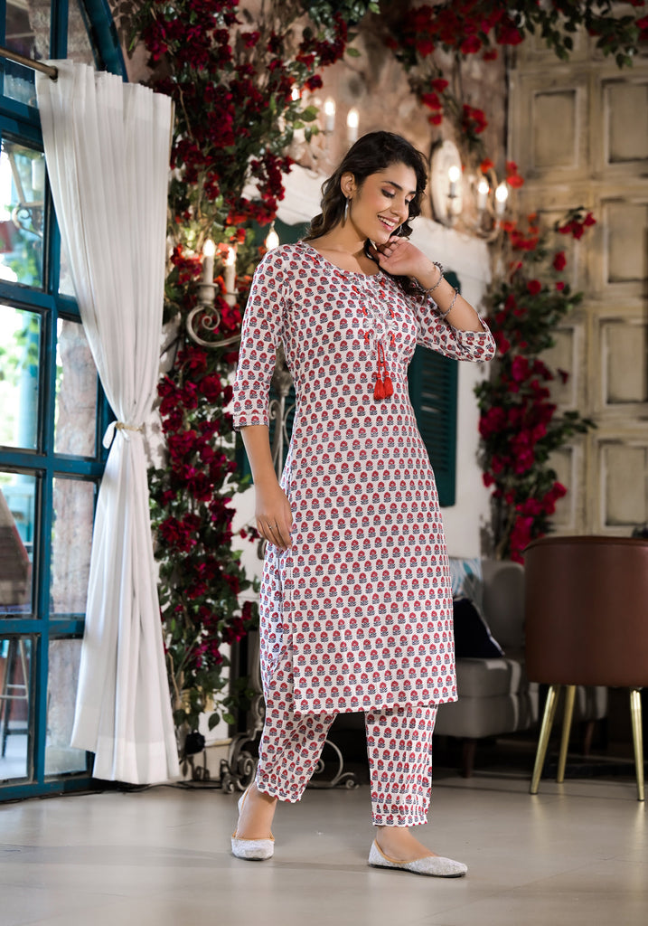 Women's White & Red Floral Printed Cotton Kurta with Trouser