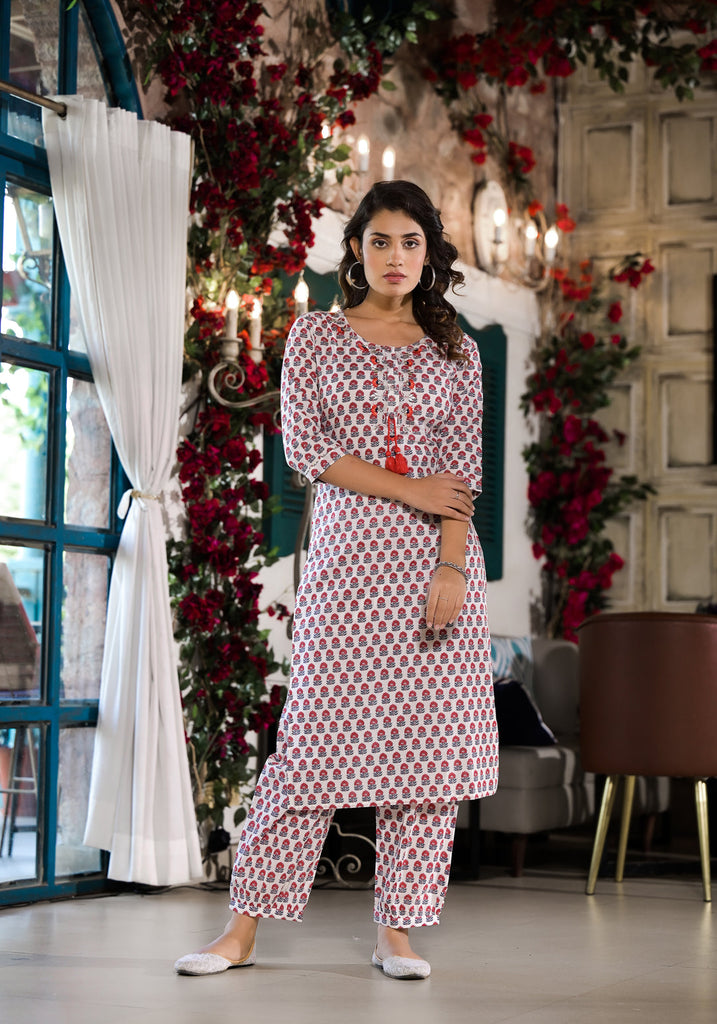 Women's White & Red Floral Printed Cotton Kurta with Trouser
