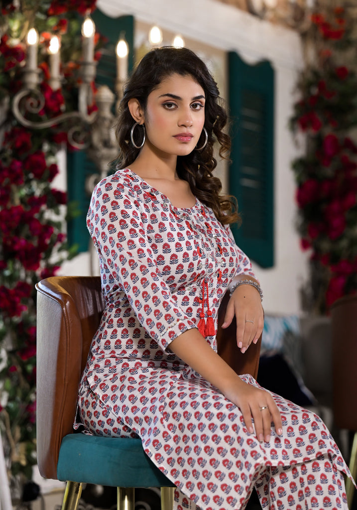 Women's White & Red Floral Printed Cotton Kurta with Trouser