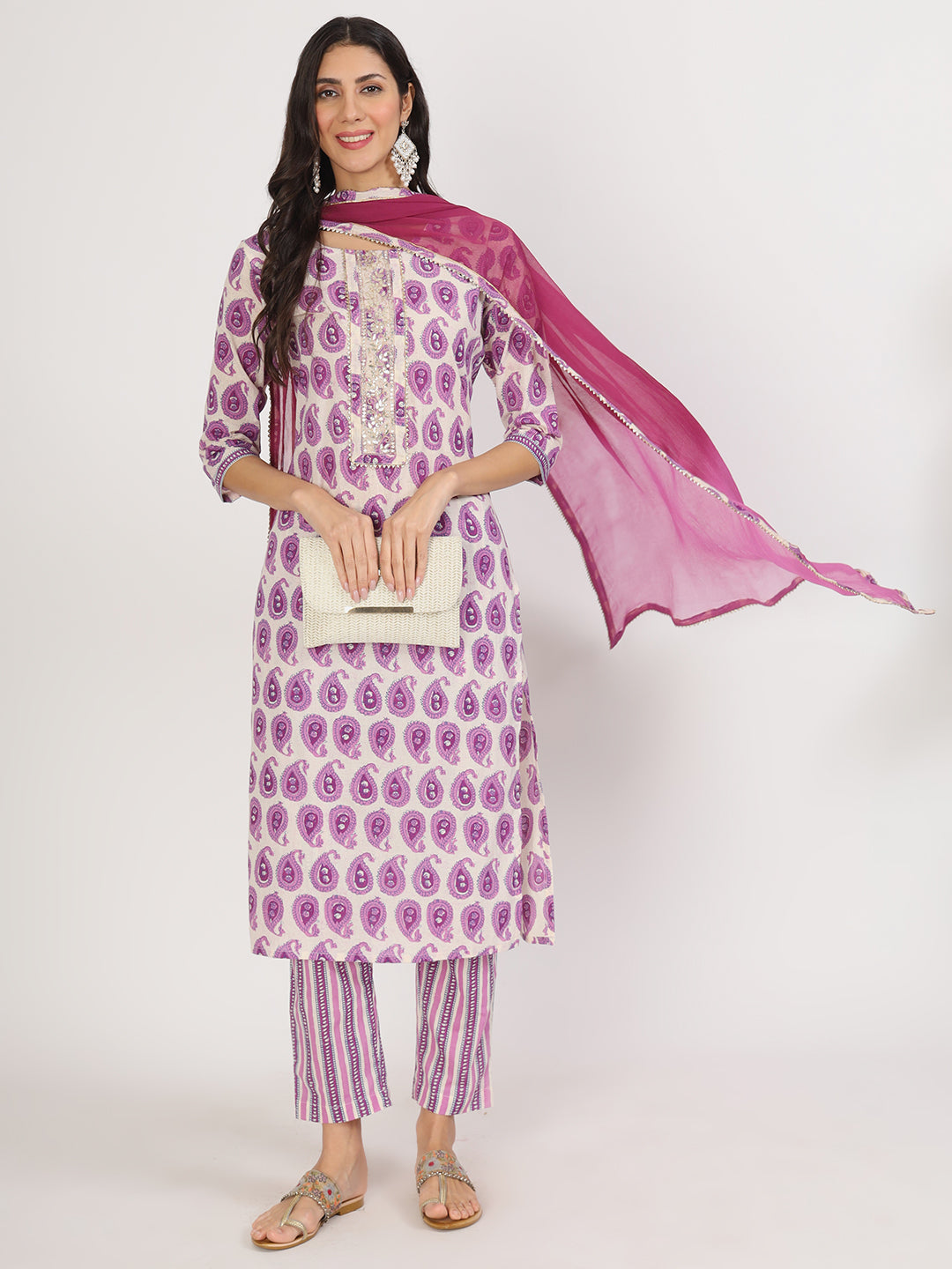 Women's Purple Floral Print Cotton Kurta pant with Dupatta set for women - Taantav