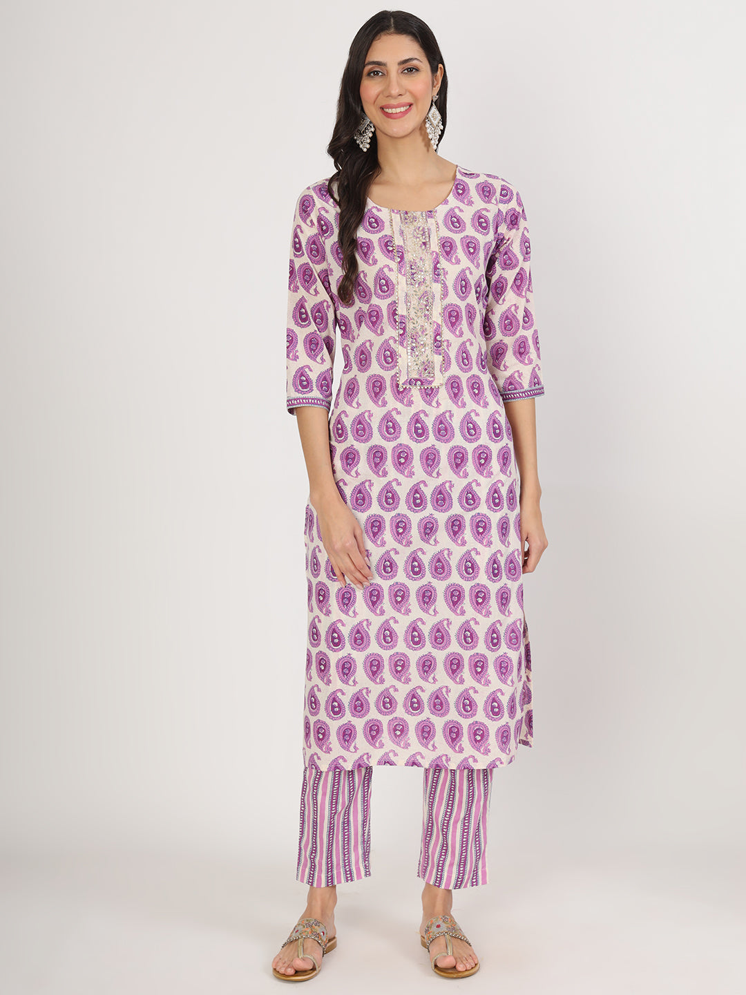 Women's Purple Floral Print Cotton Kurta pant with Dupatta set for women - Taantav