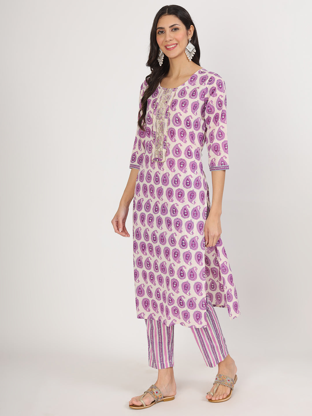 Women's Purple Floral Print Cotton Kurta pant with Dupatta set for women - Taantav