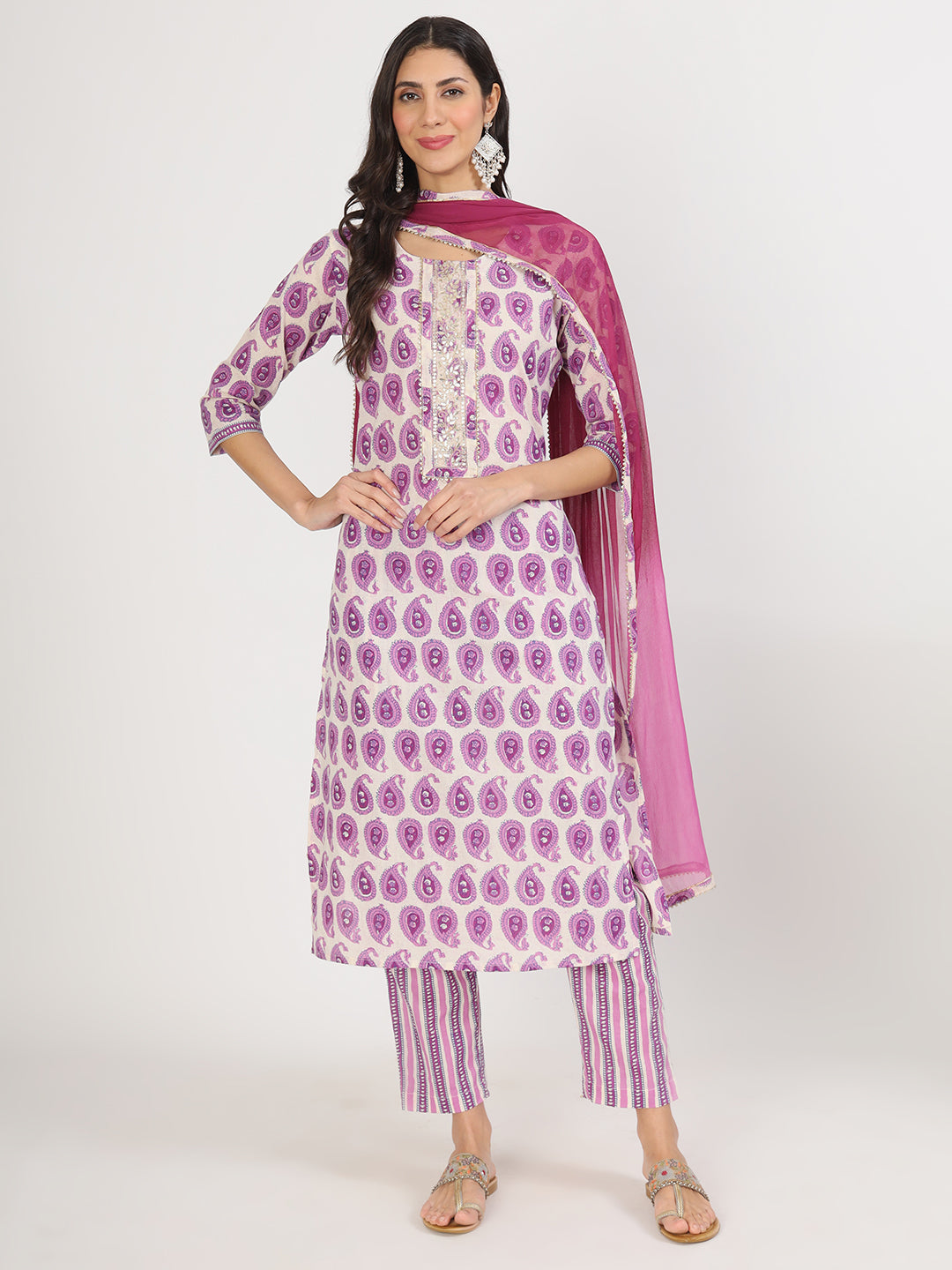 Women's Purple Floral Print Cotton Kurta pant with Dupatta set for women - Taantav