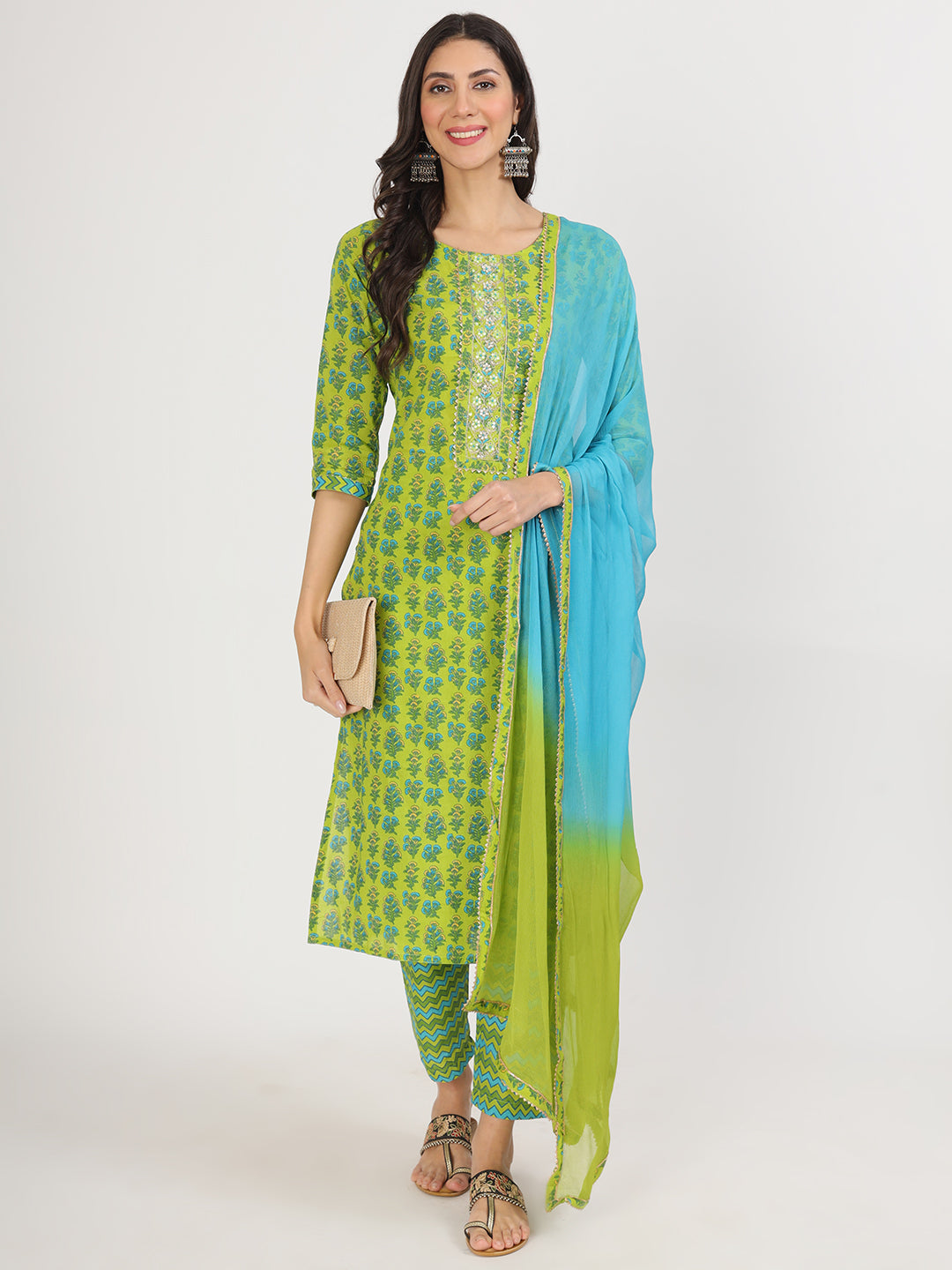 Women's Green Floral Print Cotton Kurta pants with Dupatta set for women - Taantav