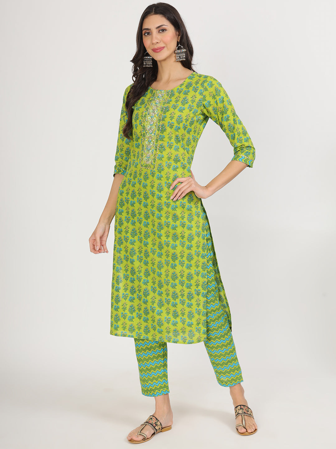 Women's Green Floral Print Cotton Kurta pants with Dupatta set for women - Taantav