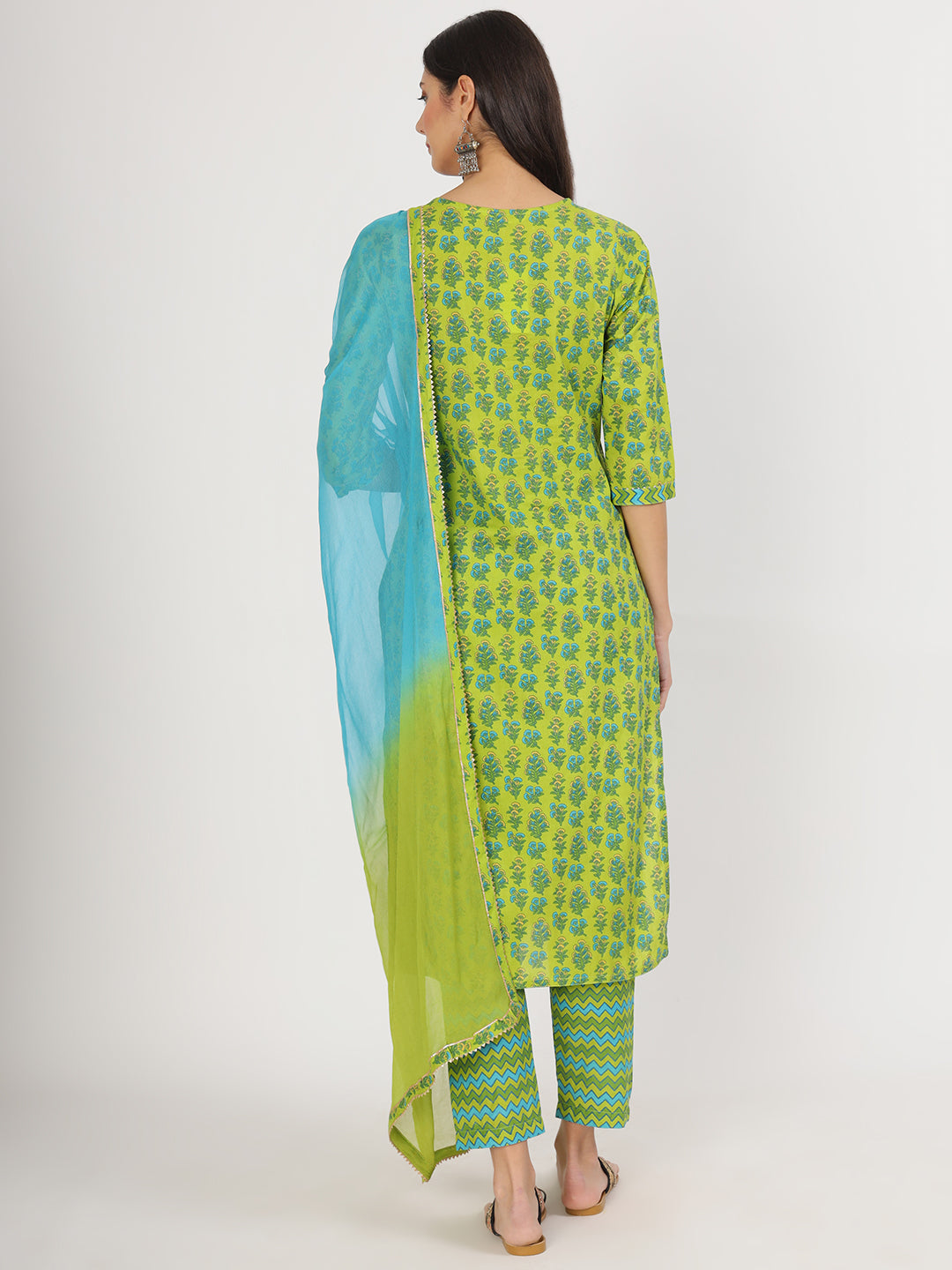 Women's Green Floral Print Cotton Kurta pants with Dupatta set for women - Taantav