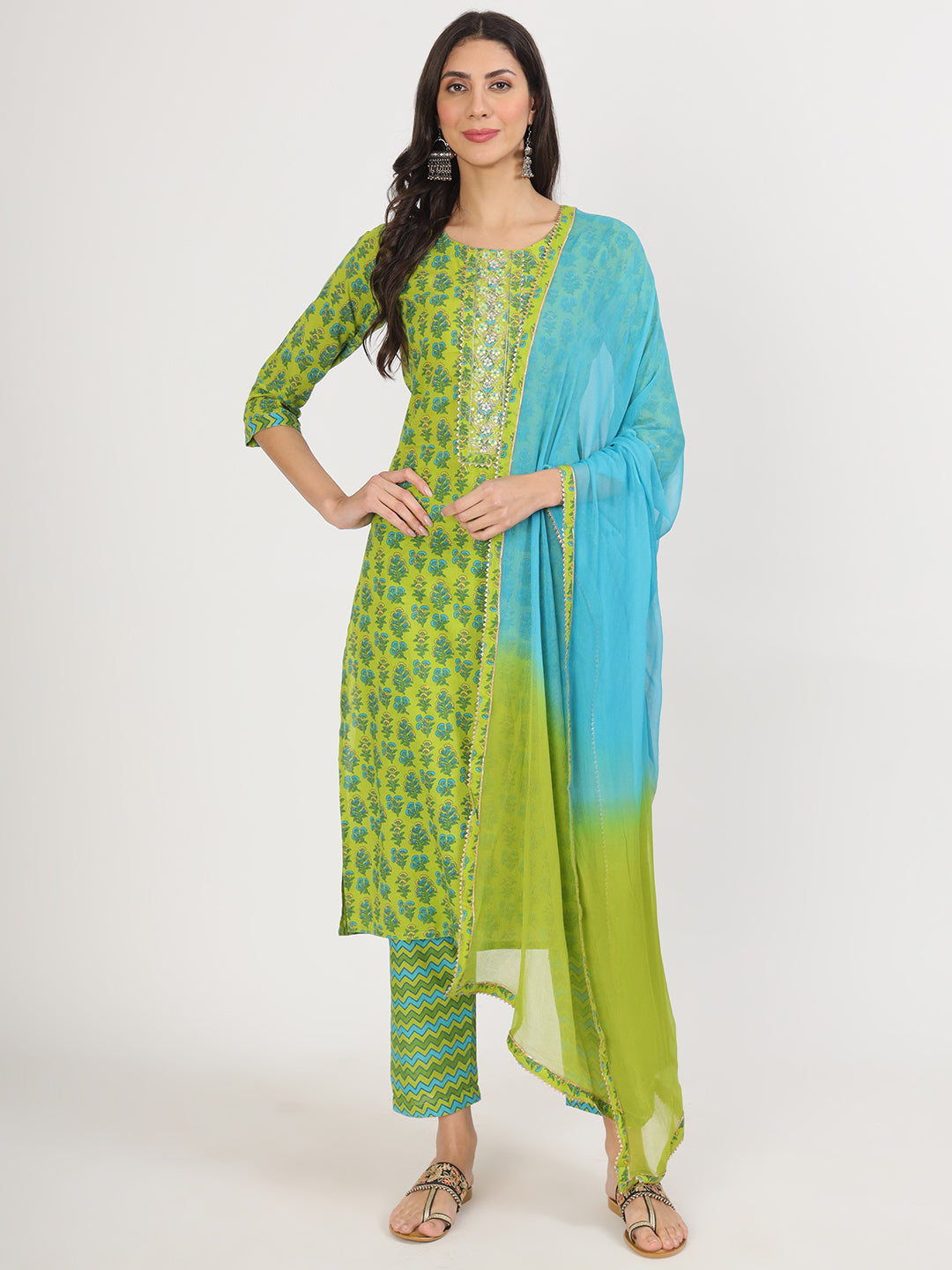 Women's Green Floral Print Cotton Kurta pants with Dupatta set for women - Taantav