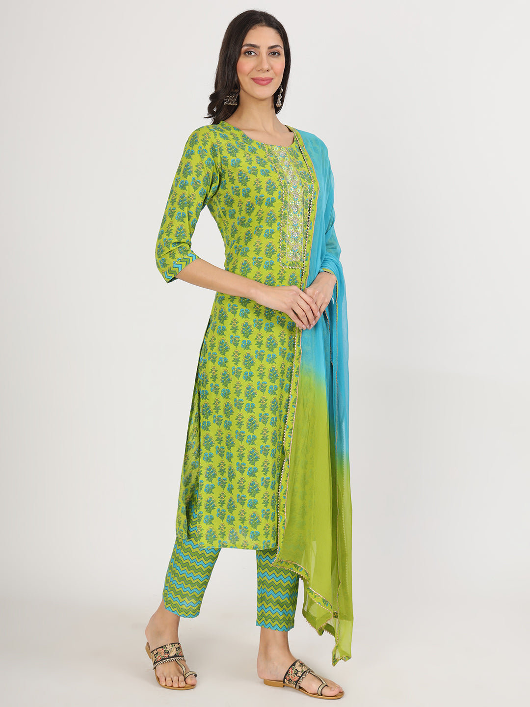 Women's Green Floral Print Cotton Kurta pants with Dupatta set for women - Taantav