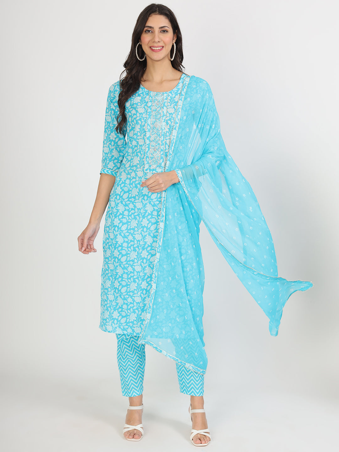 Women's turquoise blue Floral Print Cotton Kurta pants with Dupatta set for women - Taantav