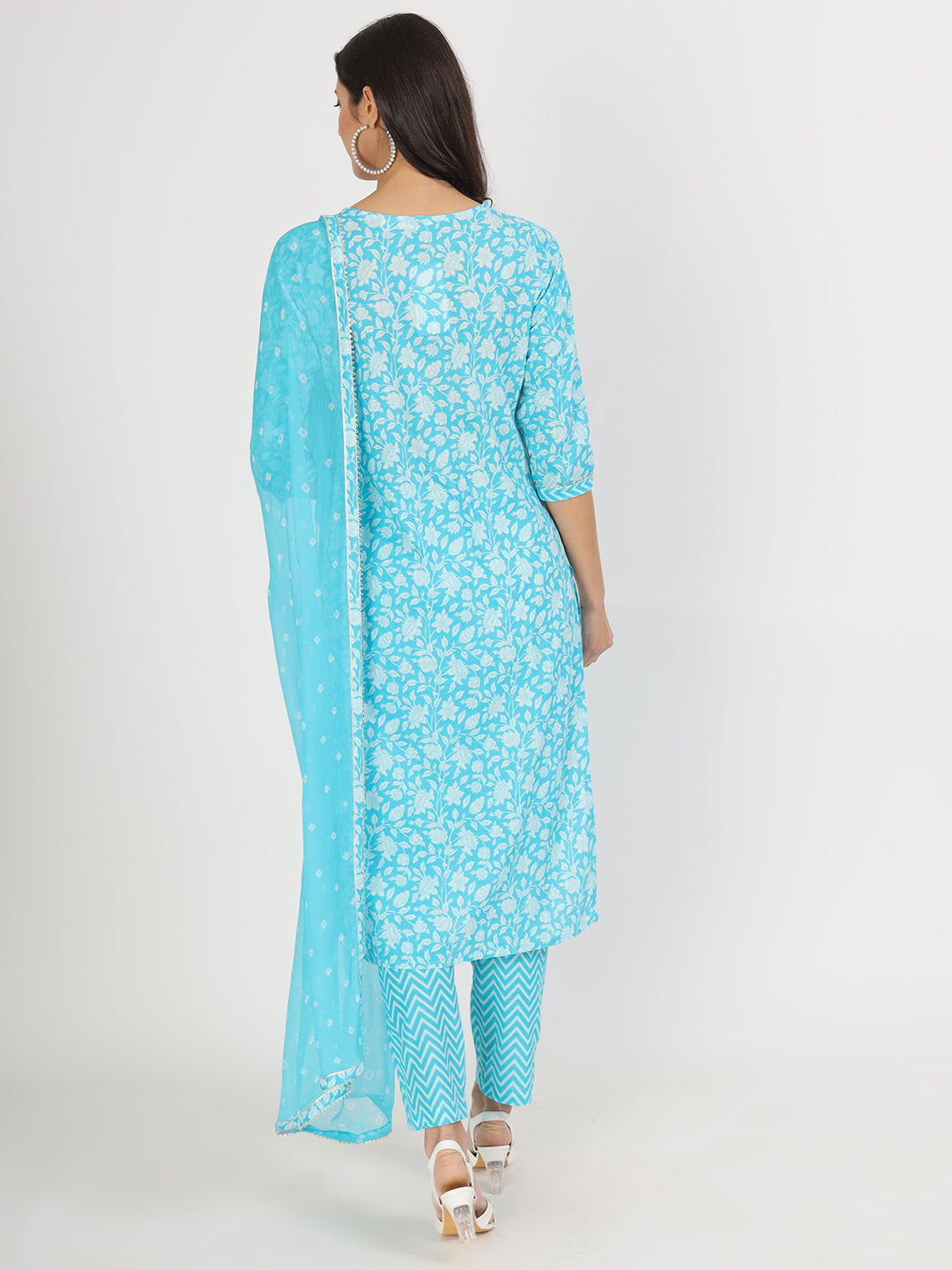 Women's turquoise blue Floral Print Cotton Kurta pants with Dupatta set for women - Taantav