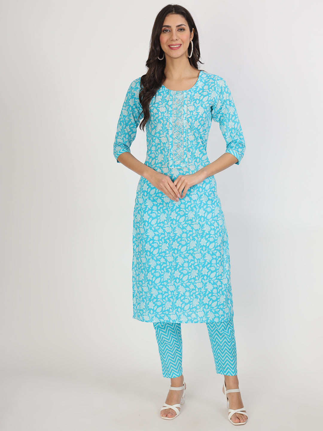 Women's turquoise blue Floral Print Cotton Kurta pants with Dupatta set for women - Taantav