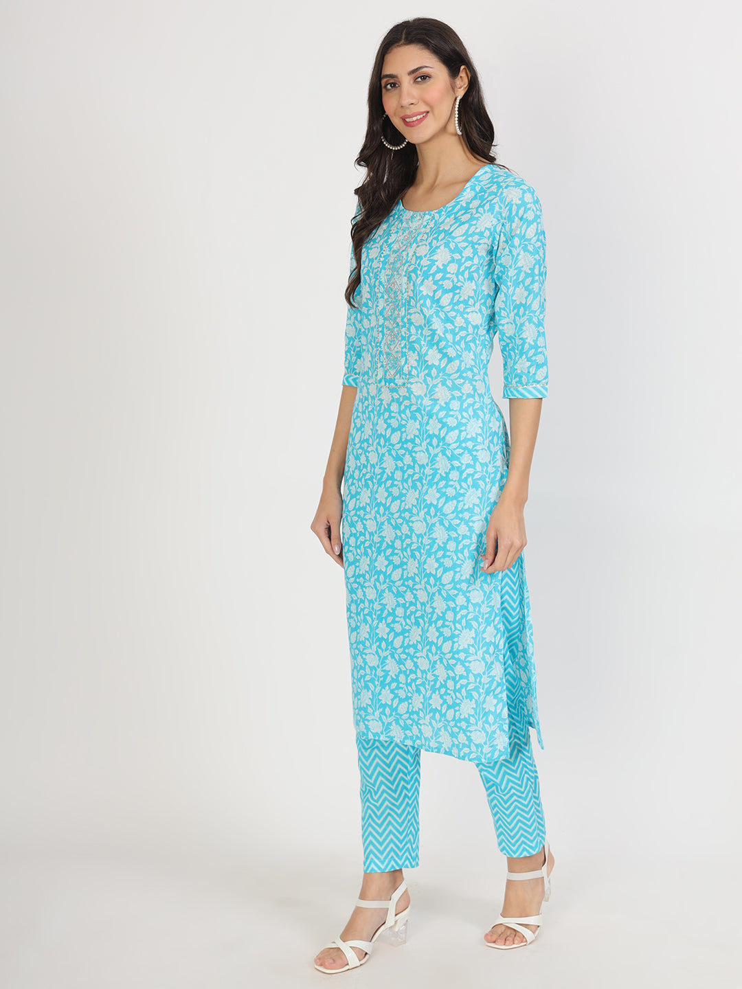 Women's turquoise blue Floral Print Cotton Kurta pants with Dupatta set for women - Taantav