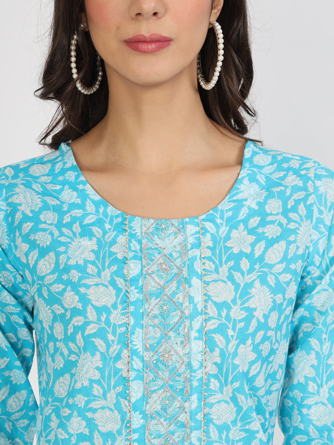 Women's turquoise blue Floral Print Cotton Kurta pants with Dupatta set for women - Taantav