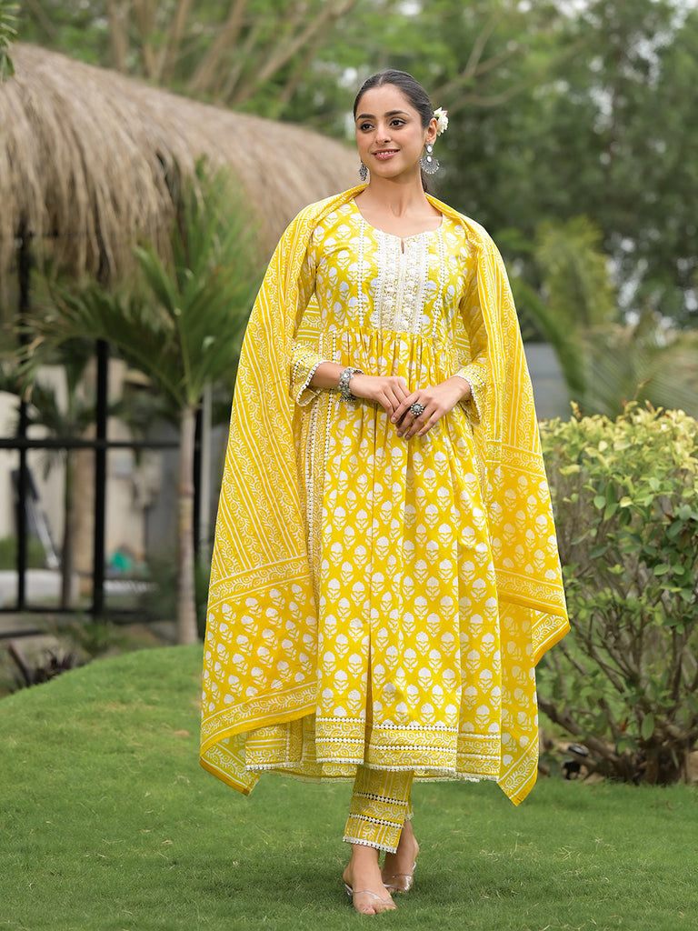 Women's Yellow Floral Print Cotton Kurta Pants with Dupatta set for women