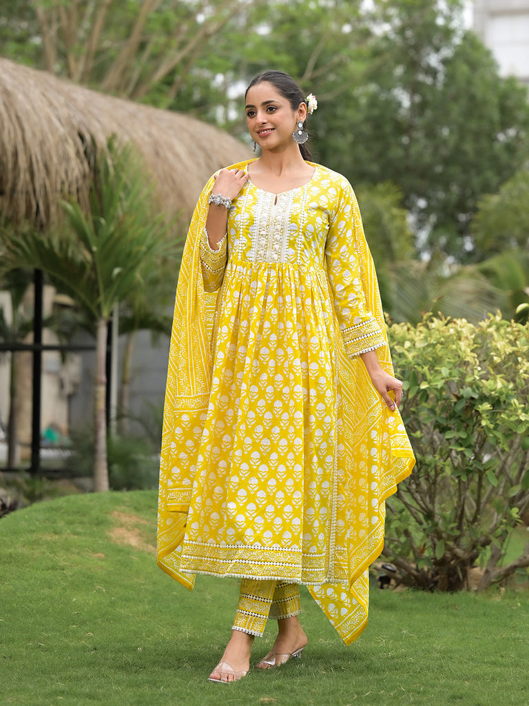 Women's Yellow Floral Print Cotton Kurta Pants with Dupatta set for women