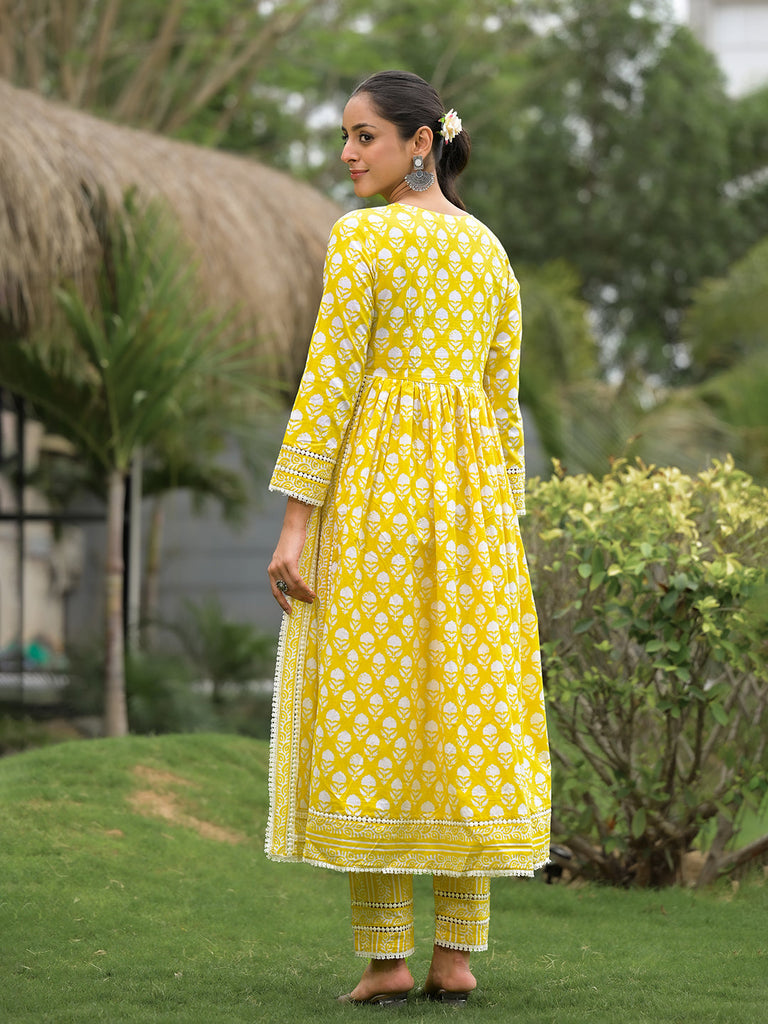 Women's Yellow Floral Print Cotton Kurta Pants with Dupatta set for women