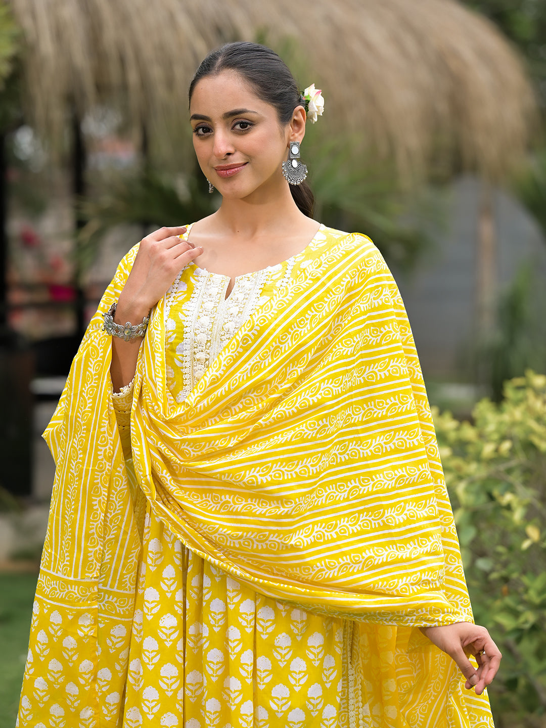 Women's Yellow Floral Print Cotton Kurta Pants with Dupatta set for women - Taantav