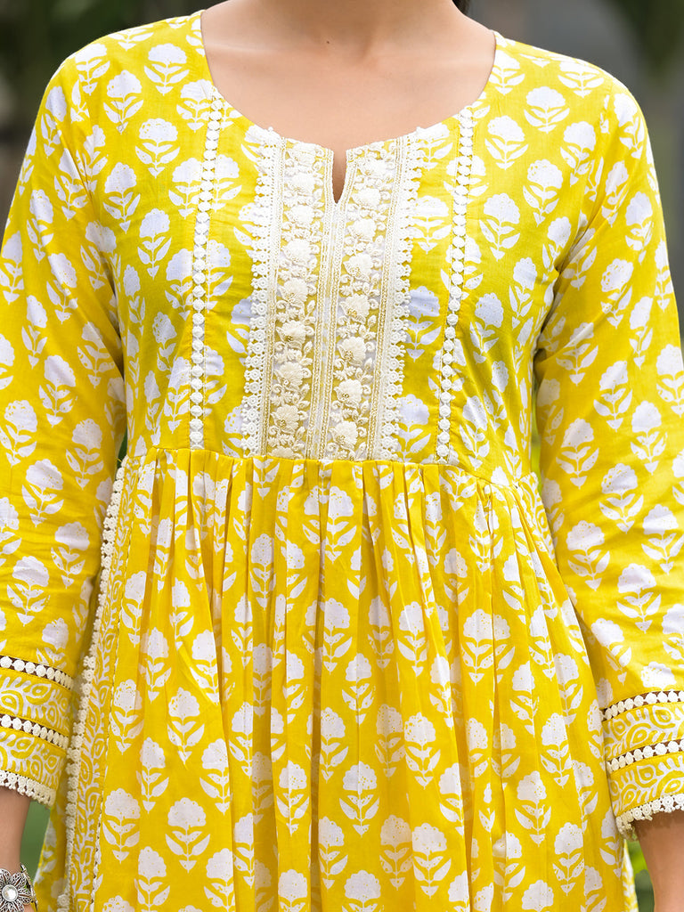 Women's Yellow Floral Print Cotton Kurta Pants with Dupatta set for women
