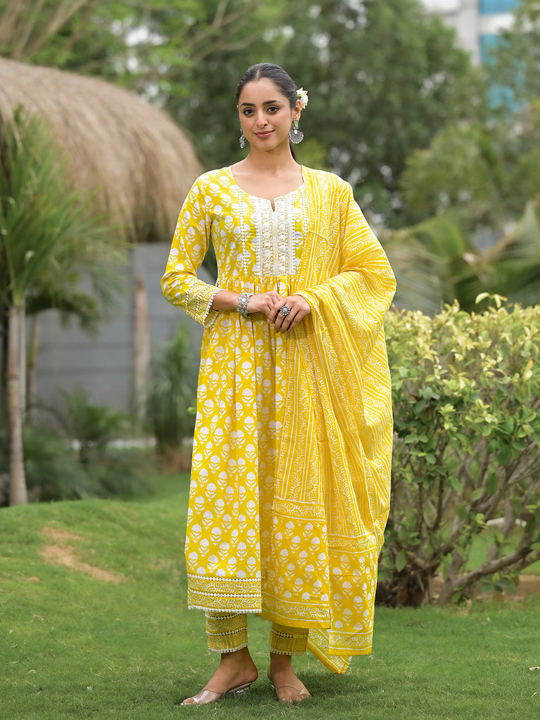 Women's Yellow Floral Print Cotton Kurta Pants with Dupatta set for women