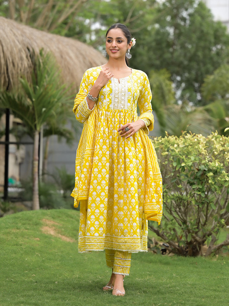 Women's Yellow Floral Print Cotton Kurta Pants with Dupatta set for women