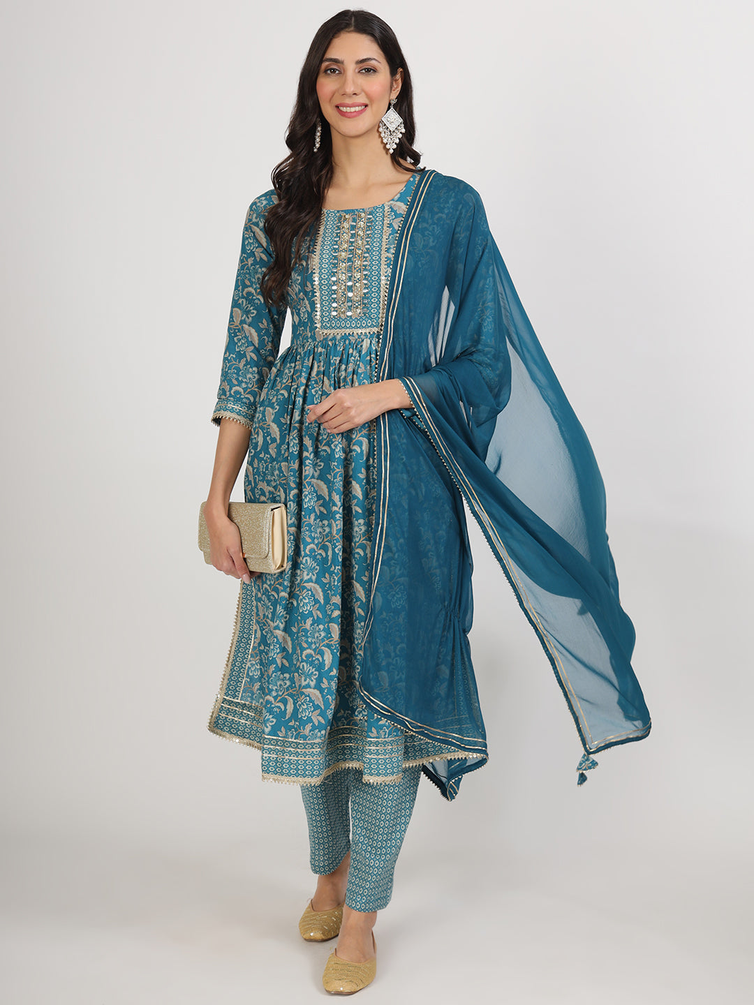 Women's Teal Blue Floral Print Cotton Kurta pants with Dupatta set for women - Taantav