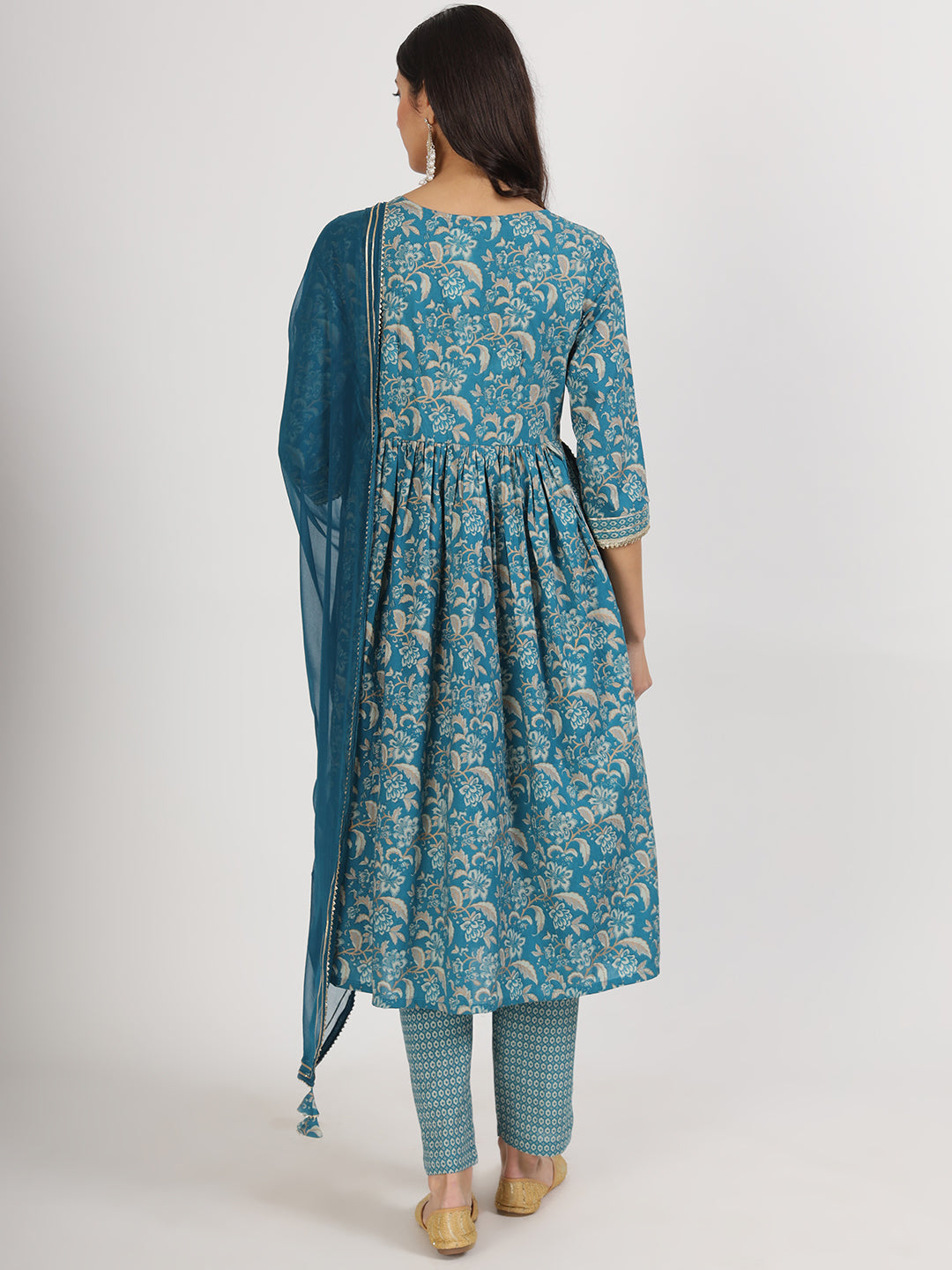 Women's Teal Blue Floral Print Cotton Kurta pants with Dupatta set for women - Taantav