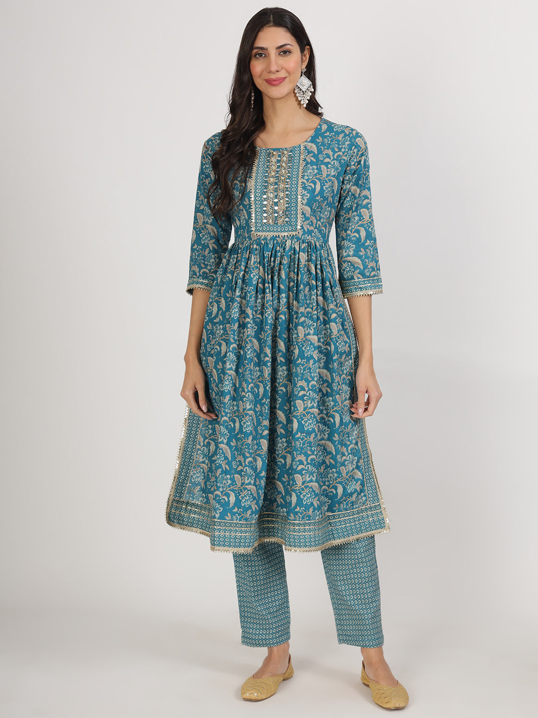 Women's Teal Blue Floral Print Cotton Kurta pants with Dupatta set for women - Taantav