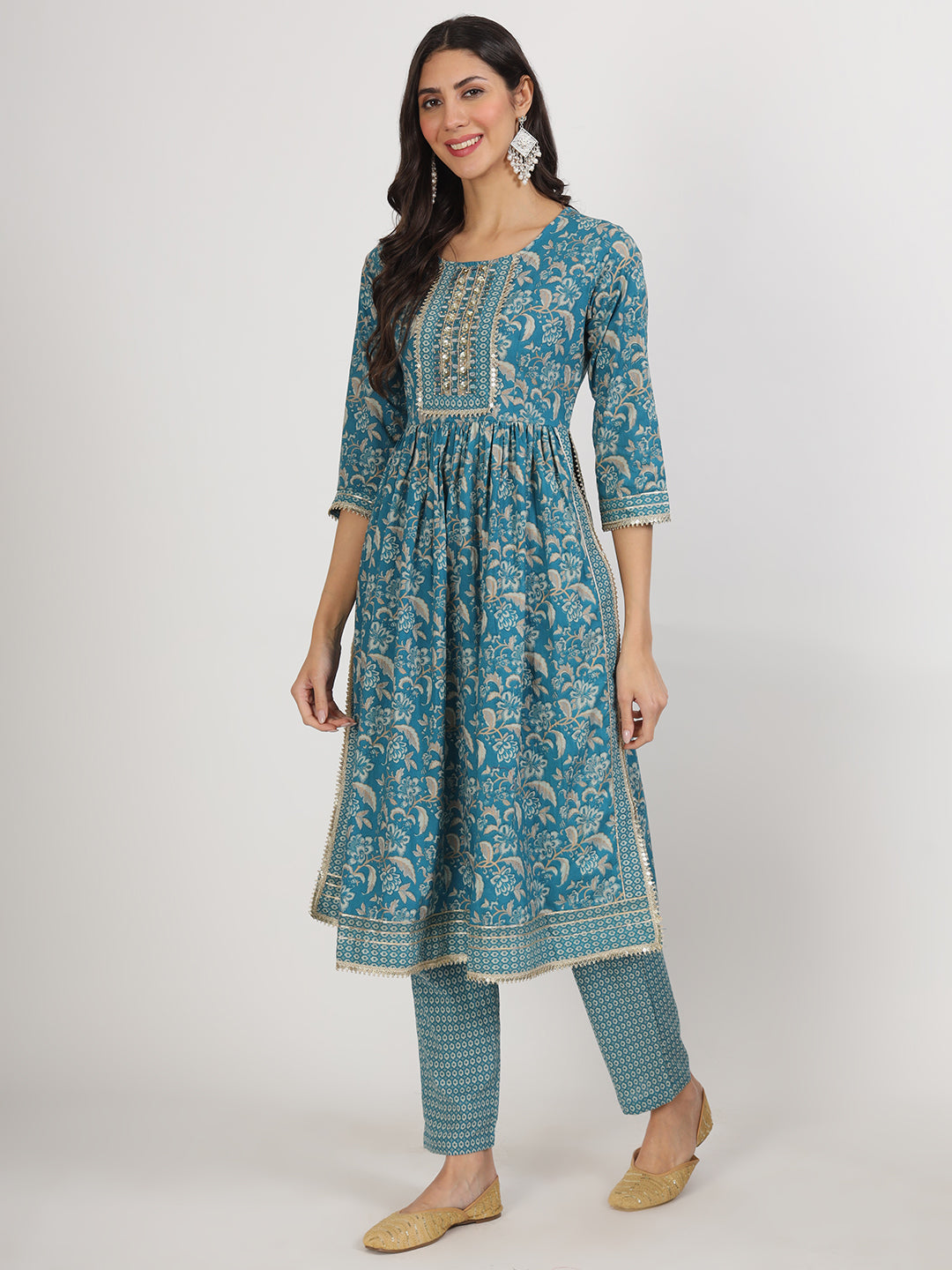 Women's Teal Blue Floral Print Cotton Kurta pants with Dupatta set for women - Taantav