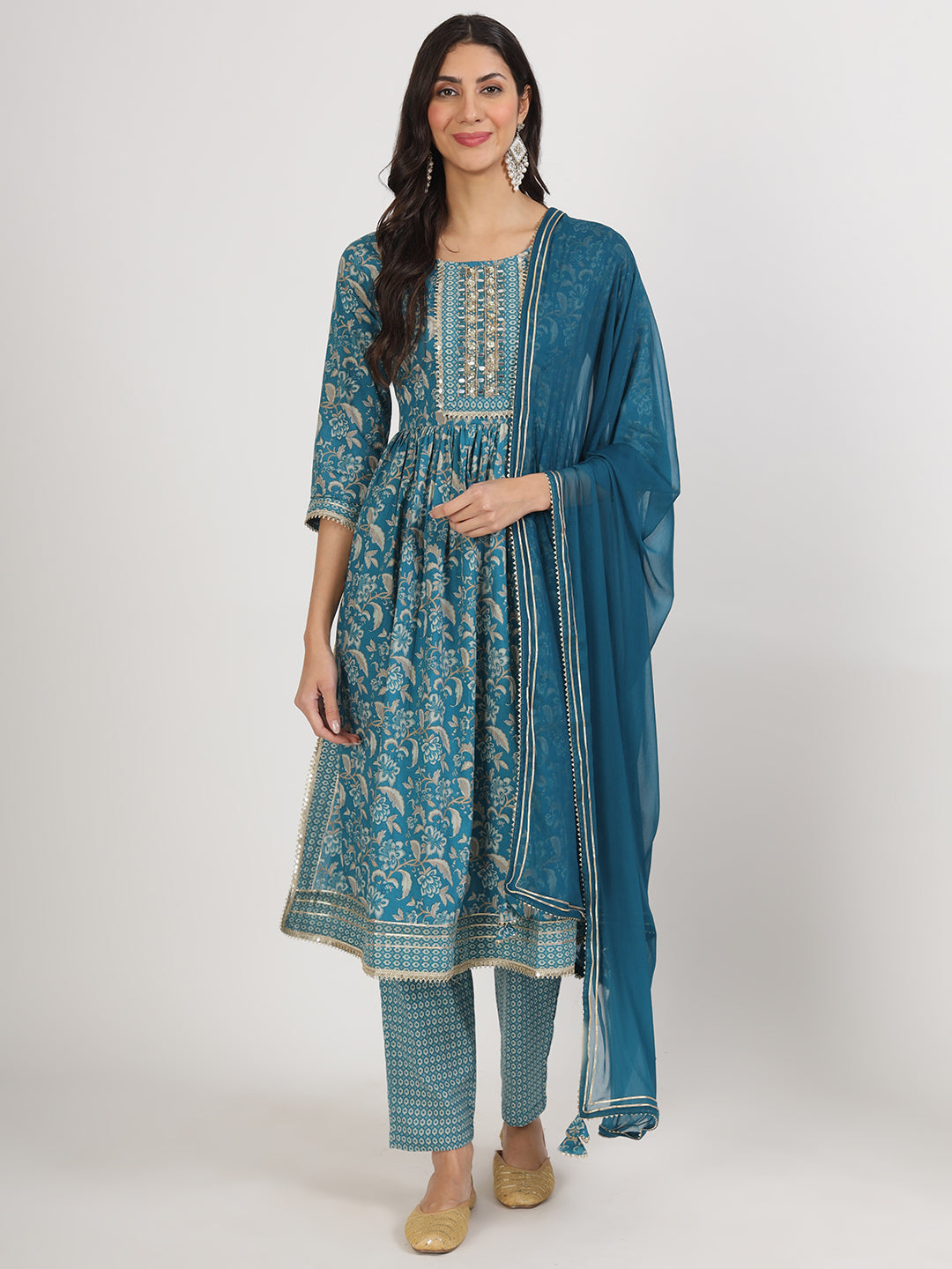 Women's Teal Blue Floral Print Cotton Kurta pants with Dupatta set for women - Taantav