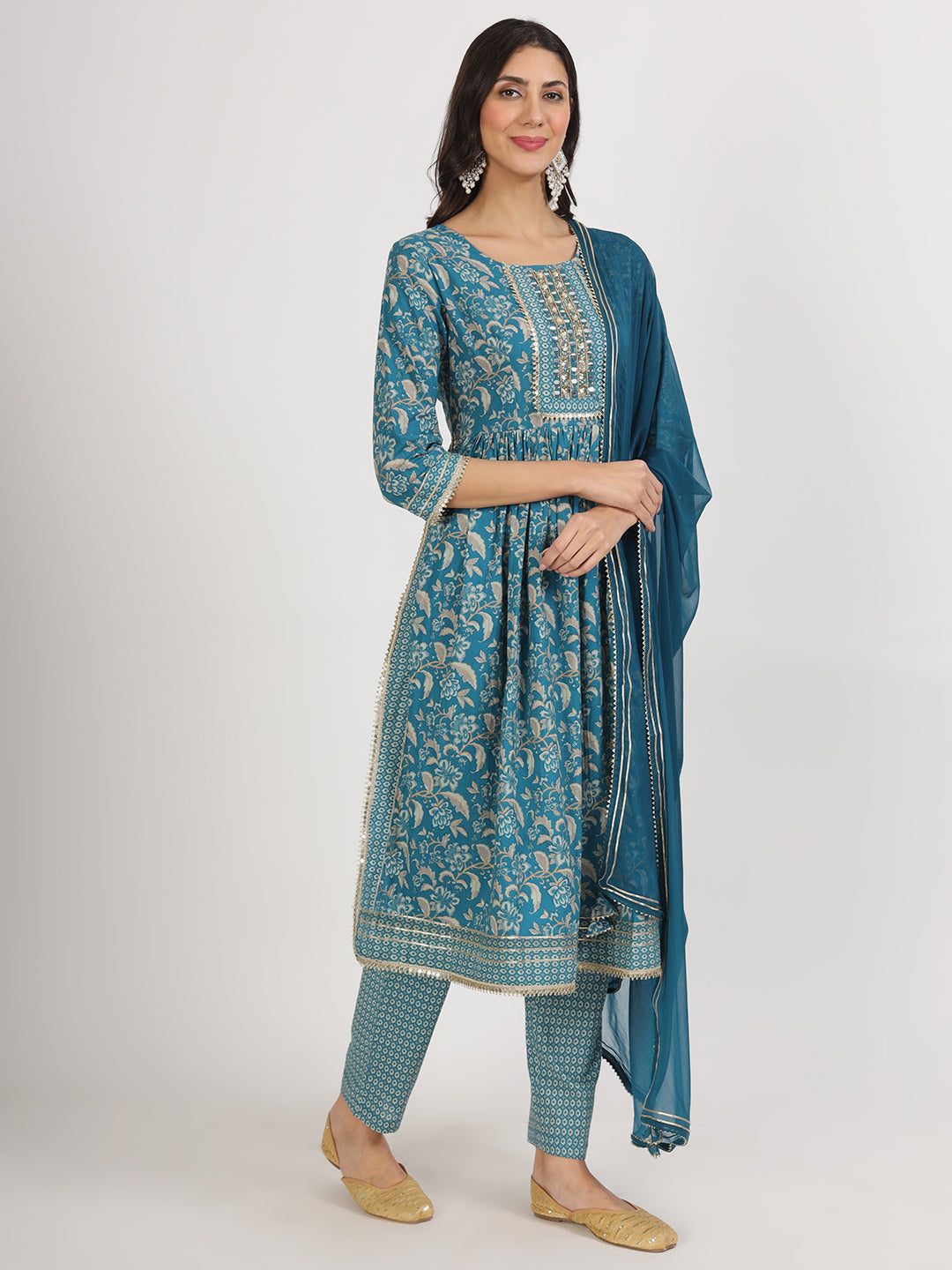 Women's Teal Blue Floral Print Cotton Kurta pants with Dupatta set for women - Taantav