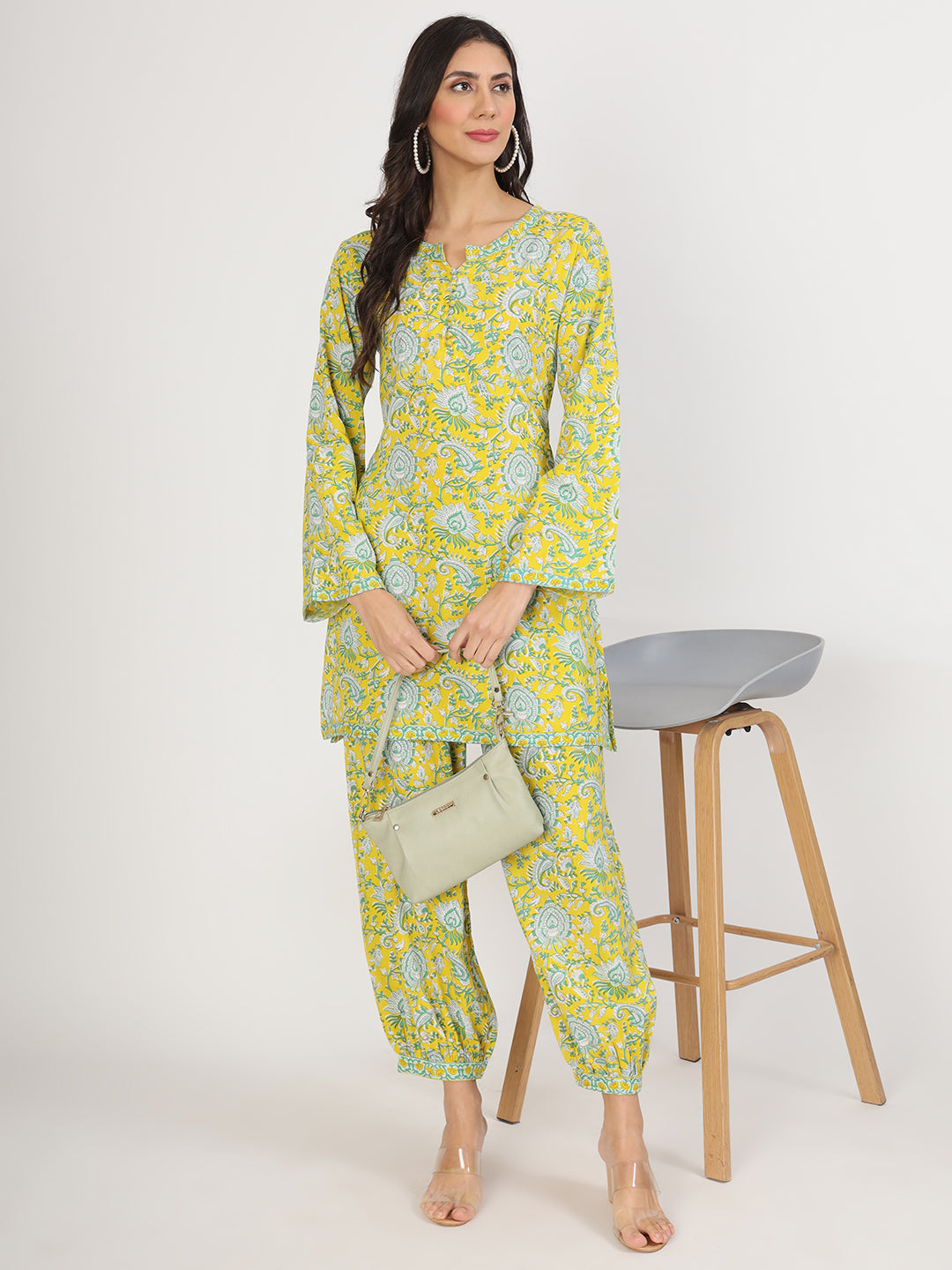 Women's Mustard Floral Print Rayon Co-ord set for women - Taantav