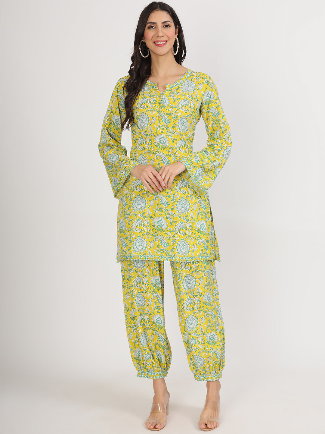 Women's Mustard Floral Print Rayon Co-ord set for women - Taantav